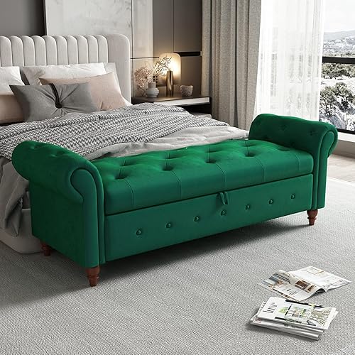 Miniatura 12 de Banco de almacenamiento copetudo de 63 pulgadas para el extremo de la cama, banco otomano de almacenamiento tapizado de terciopelo para dormitorio,