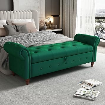 63" Storage Ottoman Bench,Upholstered End of Bed Bench with Rolled Arms and Nailhead Trim,Modern Polyester Bench Seat with Storage for Bedroom,Living Room, Entryway Green
