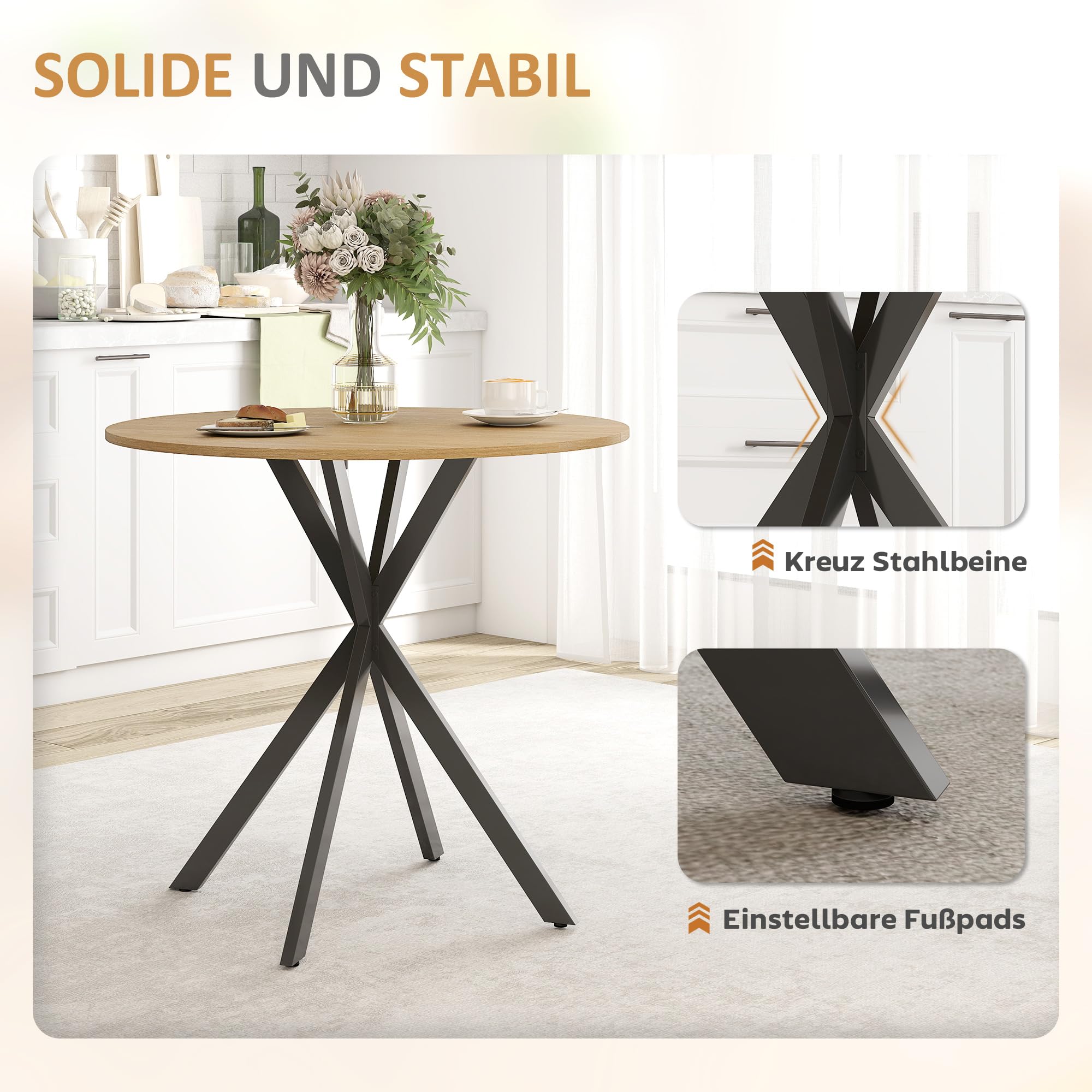 HOMCOM Runder Esstisch für 2 Personen, Ø80 cm Küchentisch im Industriestil mit Stahlbeinen, für Esszimmer, Küche, Homeoffice, Eiche
