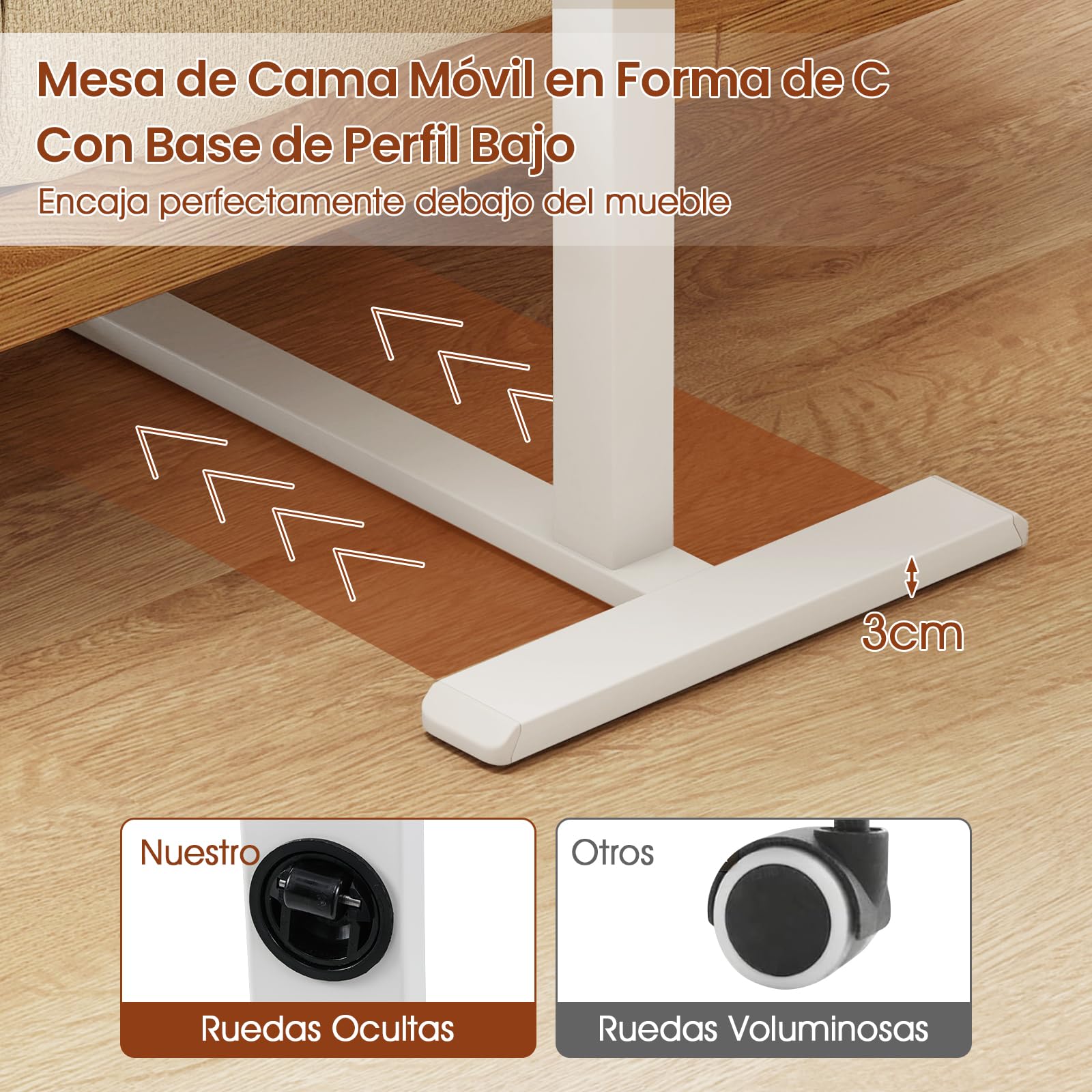 COSTWAY Mesa Auxiliar con Ruedas, Tablero Inclinable y Topes Dobles, Altura Ajustable, Mesita en Forma de C para Sofa Cama Salon Dormitorio Hospital, 68 x 49 x 70-103.5 cm, Natural