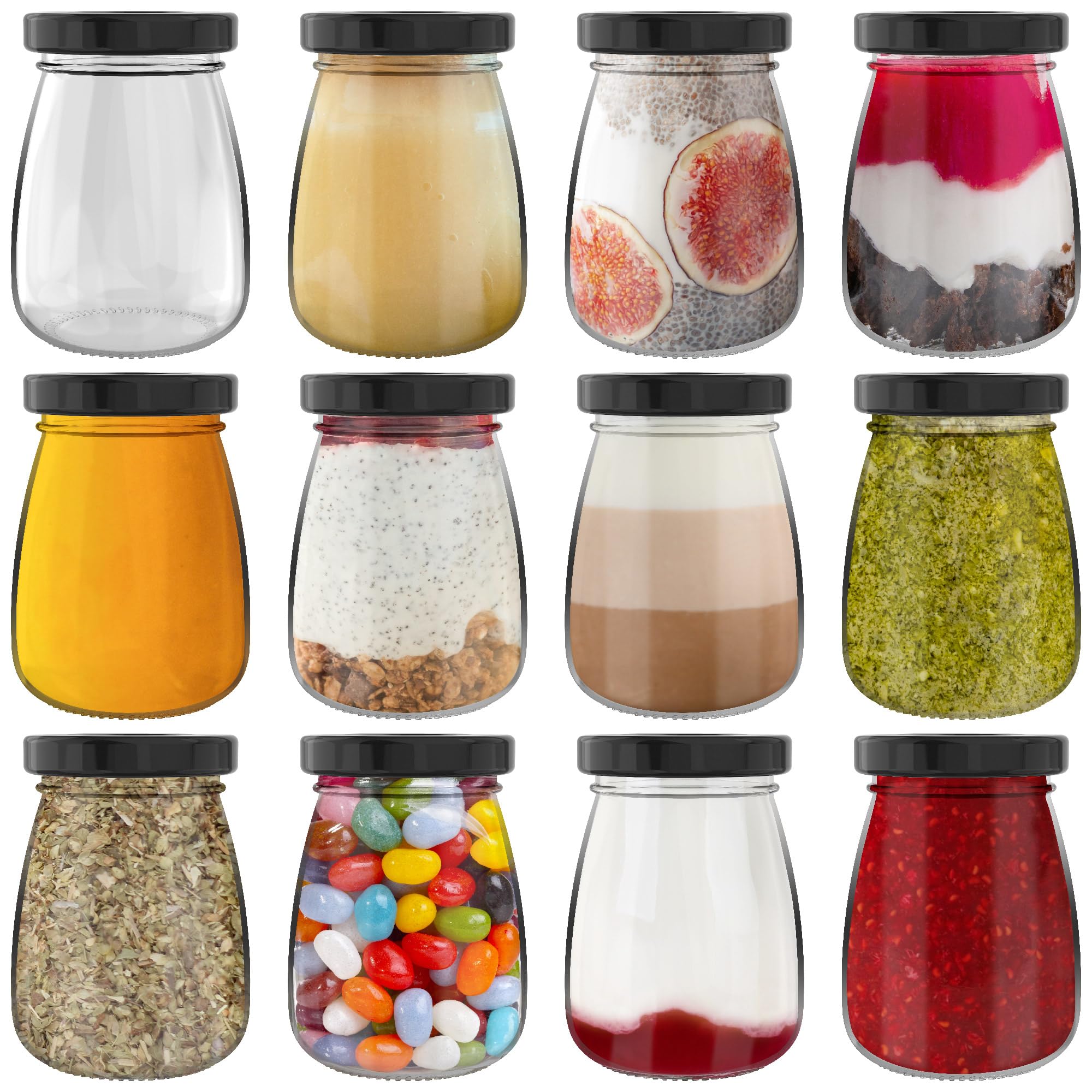 HEFTMAN Small Glass Jars with Lids - Set of 12 100ml Empty Airtight Glass Shot Bottles with Lids Travel Size Leak-Proof Pudding Pots, Yogurt Pots, Mini Honey Jars, Small Jam jars with Lids (100ml)