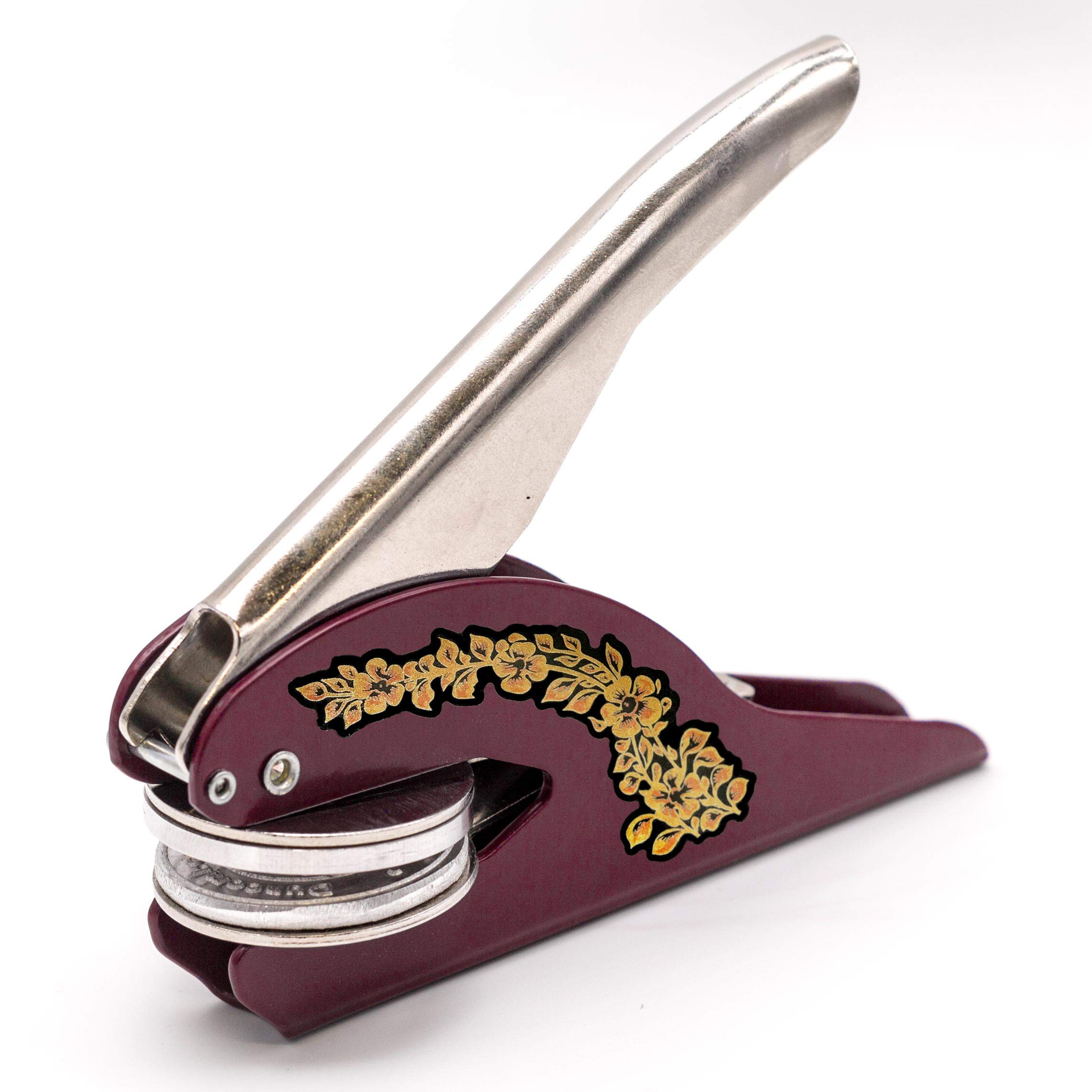 Personalised Book Embossing Stamp; Ex Libris or Library of Stamp for Book Readers, Book Collectors and Libraries. Lots of Designs to Customise with Company/Personal Name (Maroon & Gold)