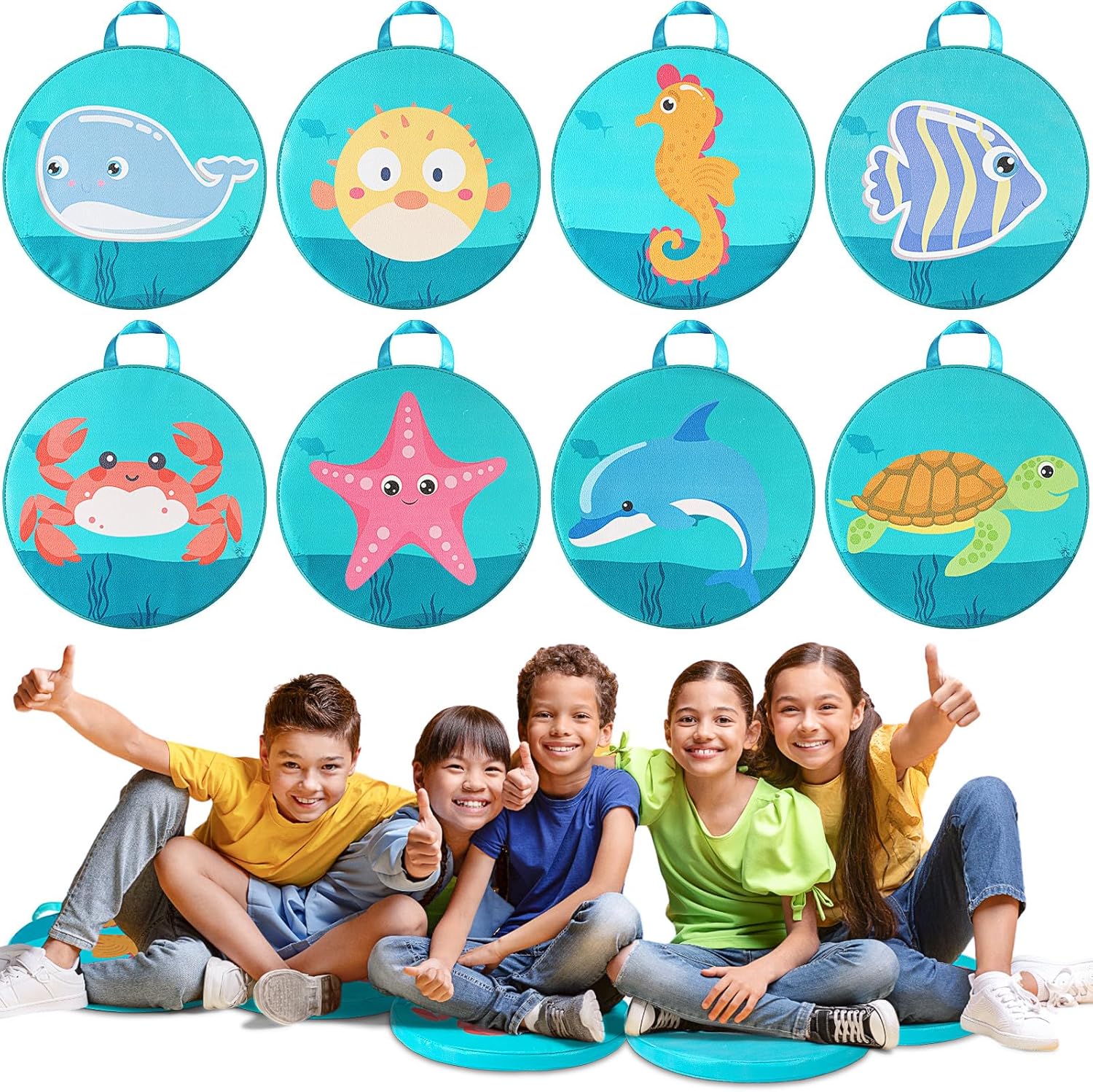 Suzile 8 Pcs Under the Sea Kids Floor Cushions for Classroom, Ocean Animals Flexible Seating Mat, Round Soft Waterproof Floor Pillow for Home Daycare Preschool Kindergarten, 8 Styles