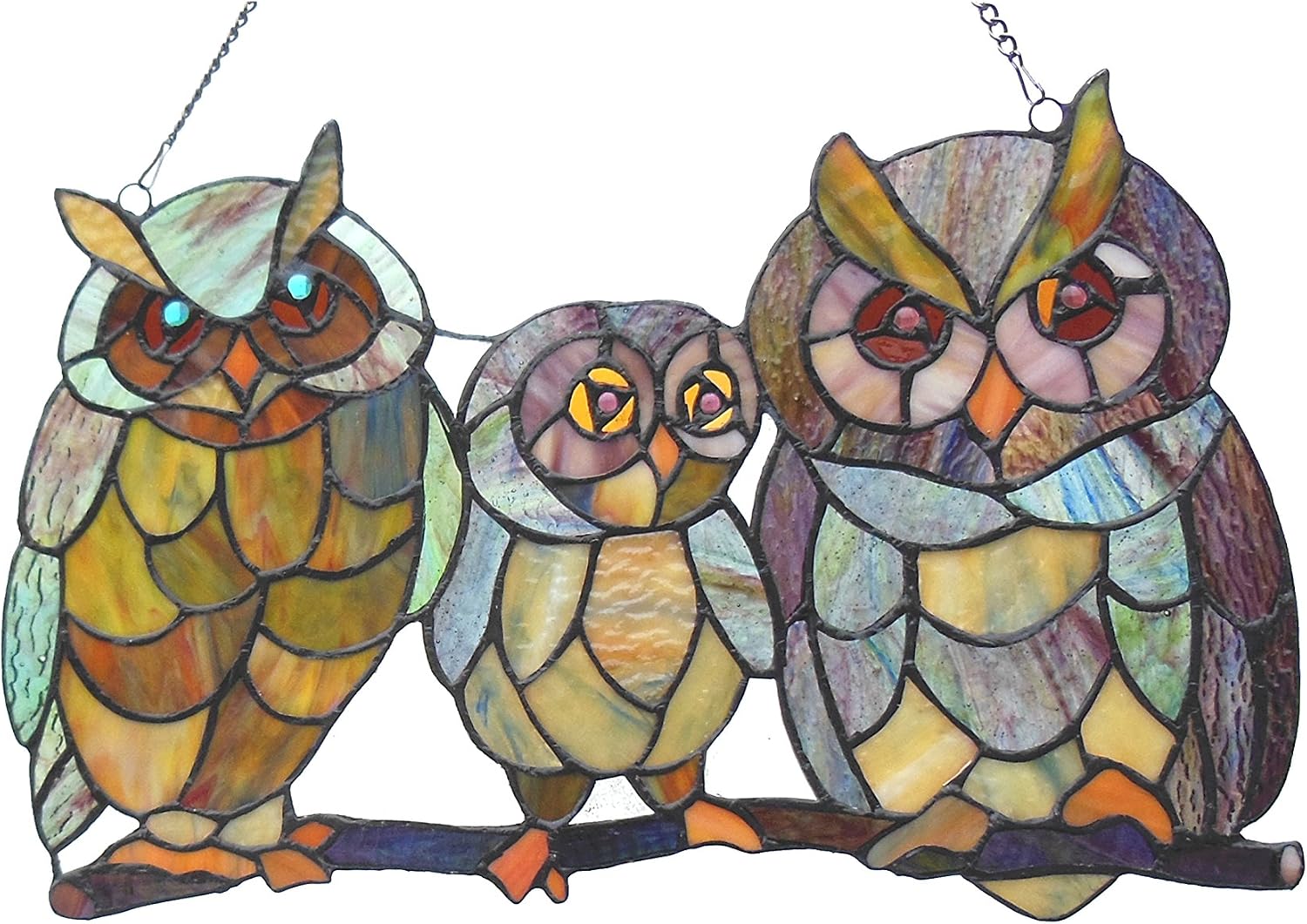Chloe Lighting Ollie Tiffany Owls Family 11x17 Stained Glass Window Panel, Multi-Color