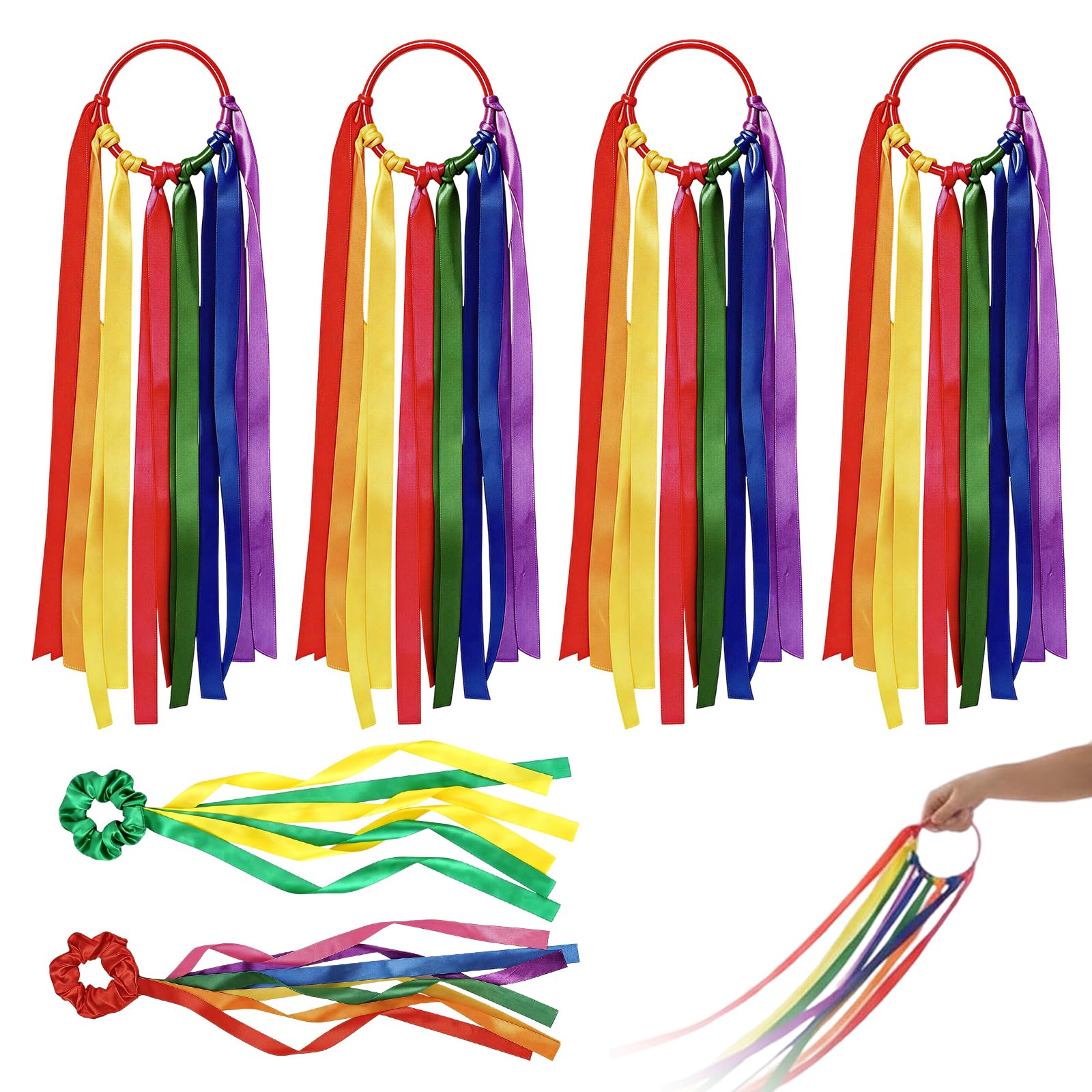 klahh 6Pcs Rainbow Ribbon Sticks Set, Includes 4 Ribbon Wands and 2 Bow Streamers, Colorful Dance Ribbons for Gymnastics, Performances, and Creative Movement