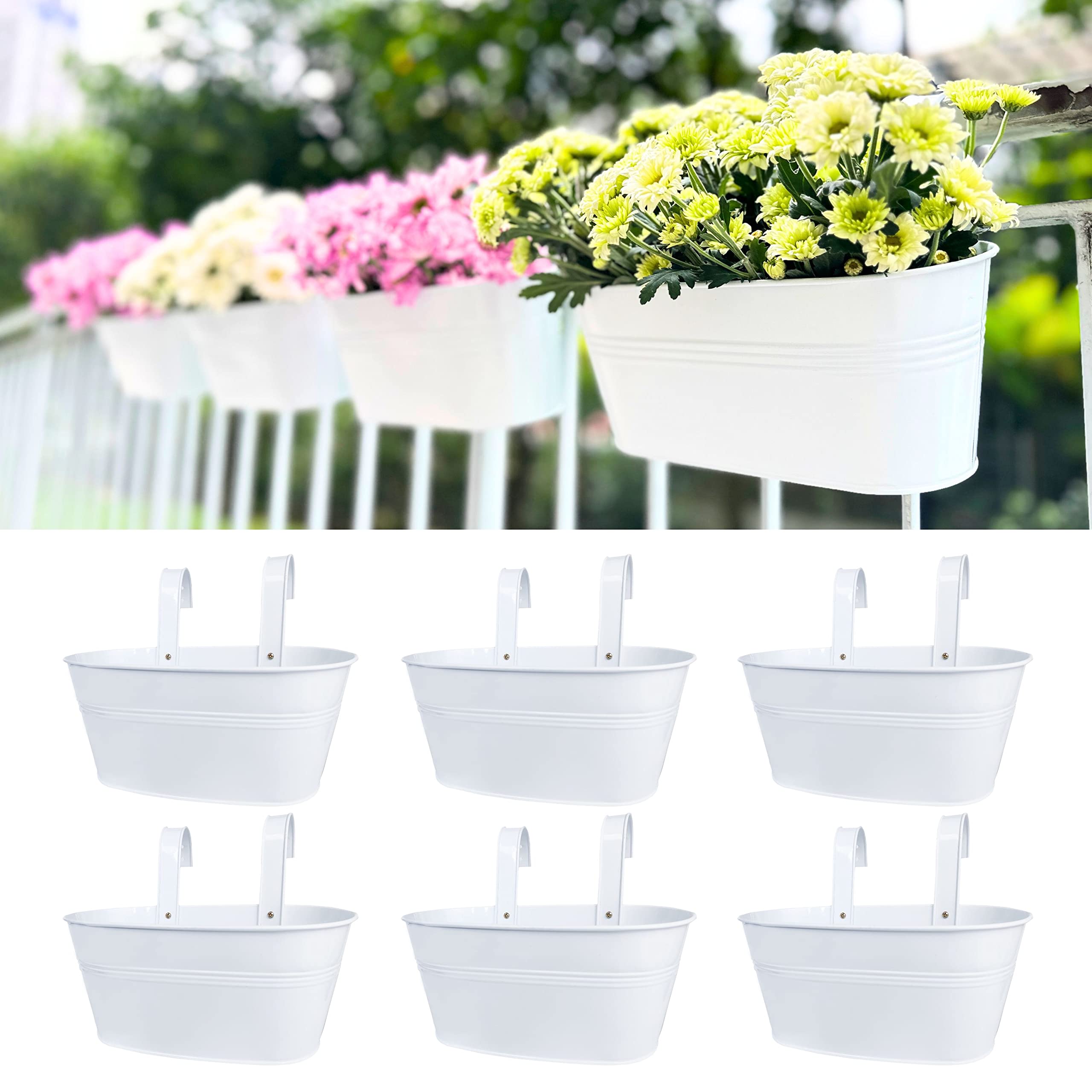 LaLaGreen Outdoor Rail Planter (6 Pack, 9.8 Inch) Small and Cute White Metal Iron Hanging Flower Pots Deck Railings Fence Buckets Countryside Style Wall Mount Window Box Plant Holder Hooks Porch Decor