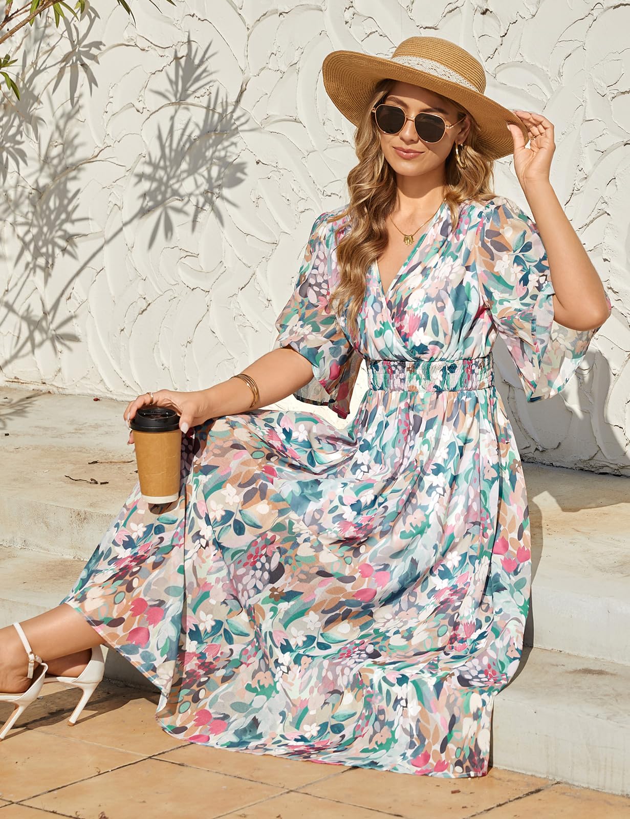 Abiti Donna Estivi Vestiti Manica Corta Vestito Lungo Elegante Scollo a V Boho Stampa Floreale Elastico a Vita Alta Abito da Mare Spiaggia Casual Cocktail Party