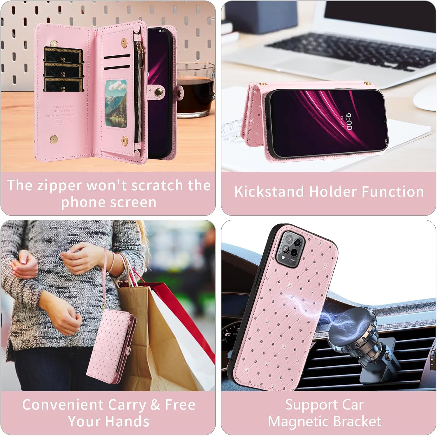 Asuwish Phone Case for T-Mobile Revvl 6 Pro/6X Pro 5G Zipper Wallet Cell Cover with Screen Protector Strap Glitter Flip Card Holder Slot Tmobile Revel X Tmo Revell T Mobile Rebel TCL Women Girls Pink