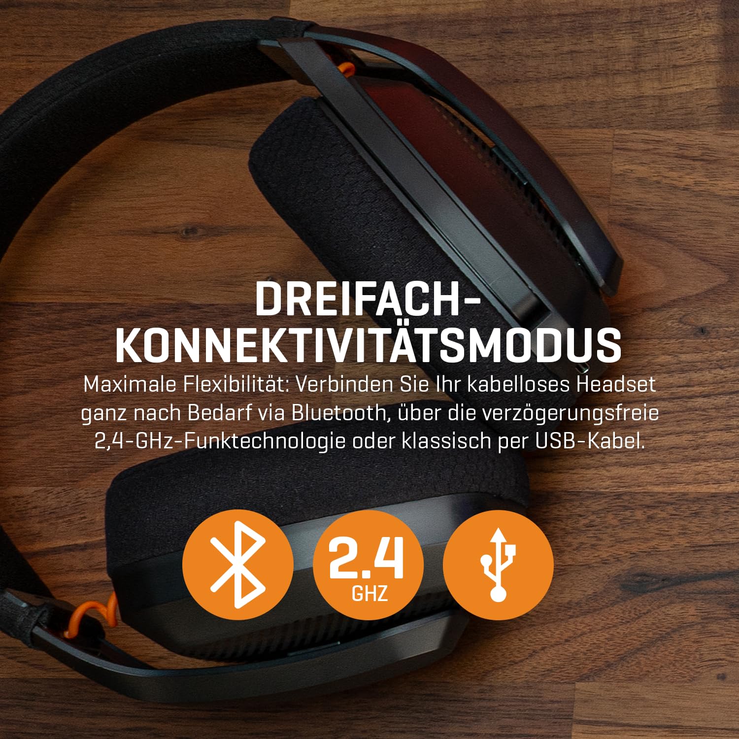 KROM KANJI – Kabelloses Gaming-Headset mit Bluetooth 5.3, 2,4 GHz & USB, 40-mm-Treibern, omnidirektionalem Mikrofon, Lautstärke- & Stummschaltung am Ohrhörer, verstellbarem, leichtem Kopfband, Schwarz