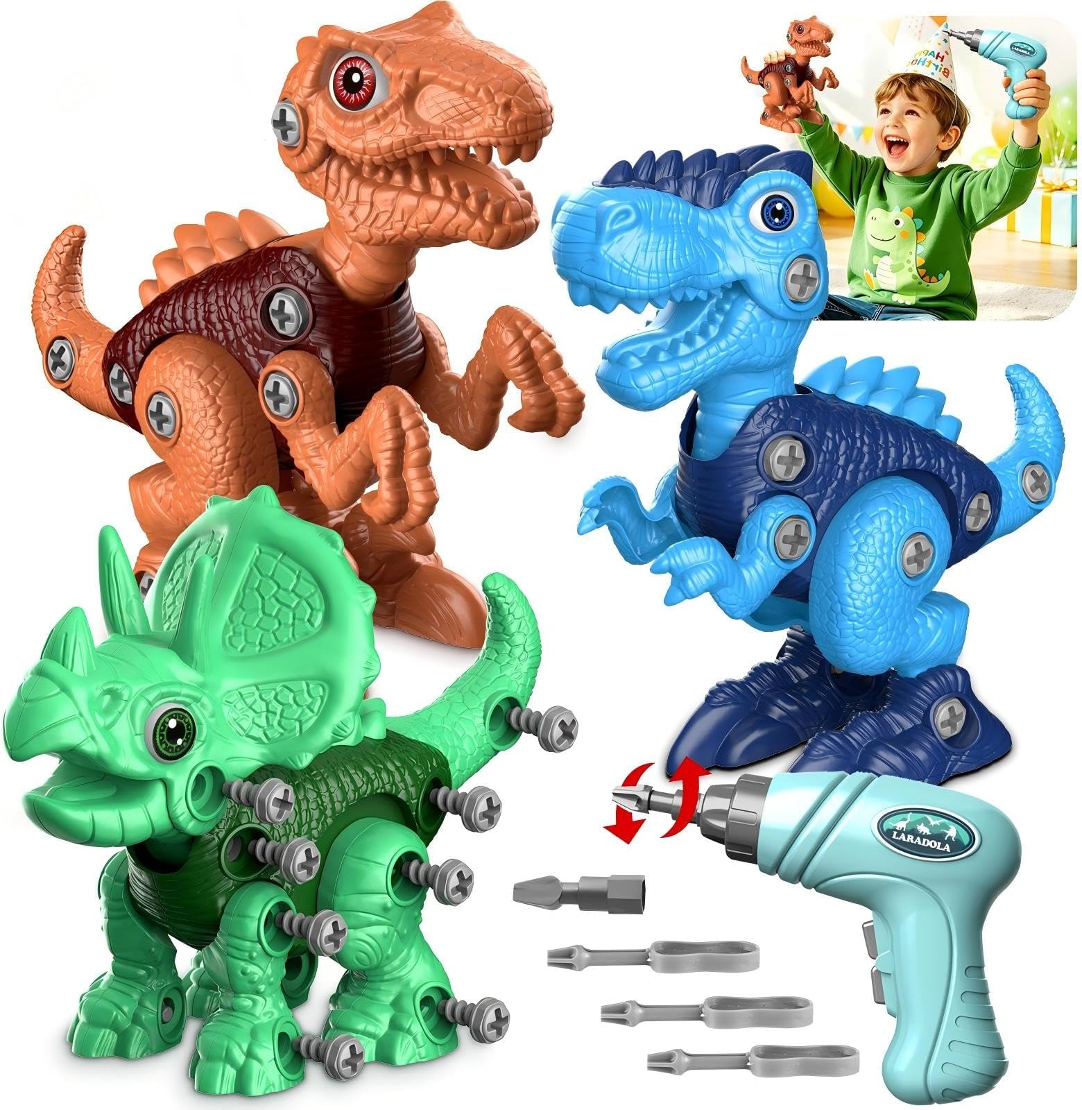 Take Apart Dinosaur Toys for Kids: 85 Pieces 3-Pack Dinos & Electric Drill