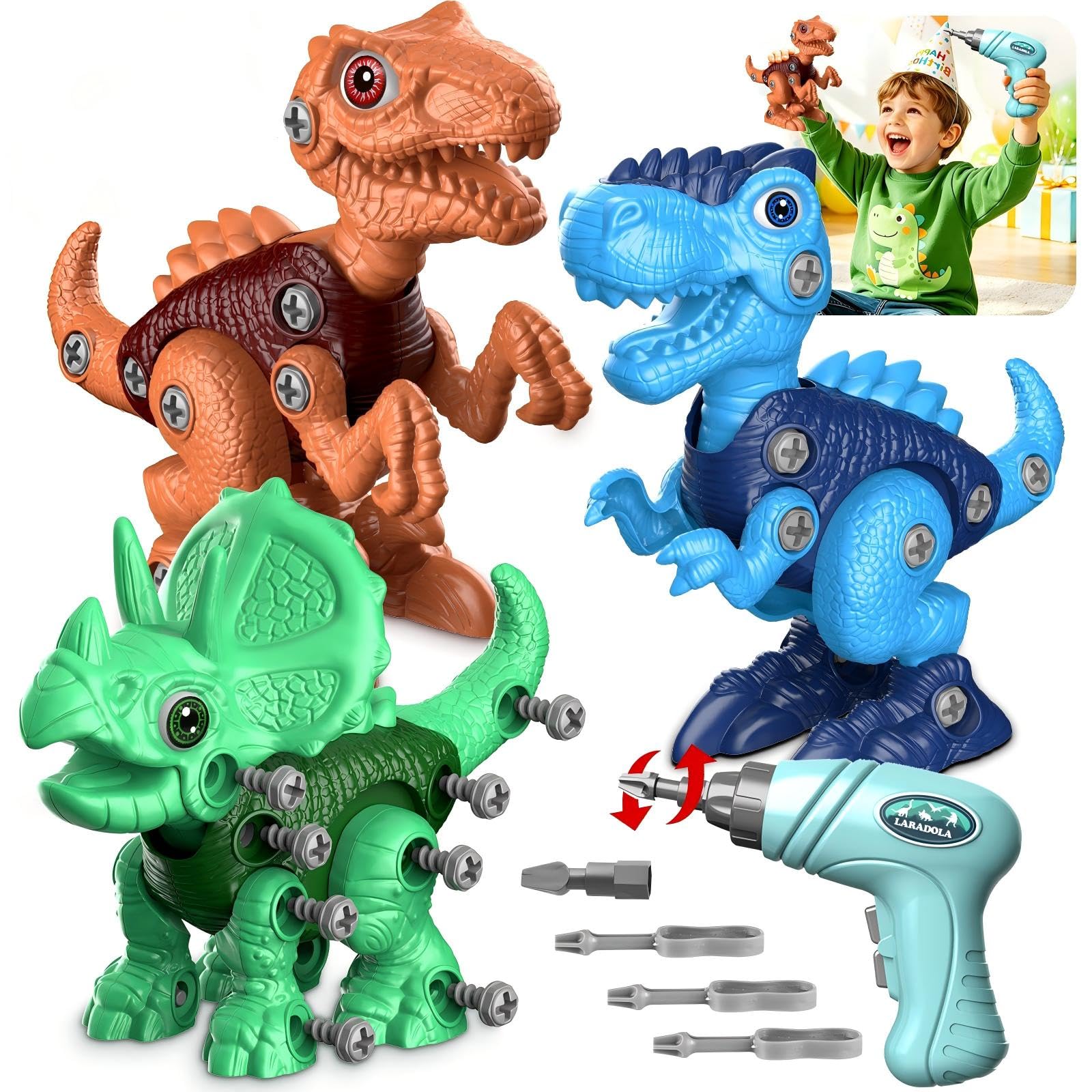 Take Apart Dinosaur Toys for Kids: 85 Pieces 3-Pack Dinos & Electric Drill