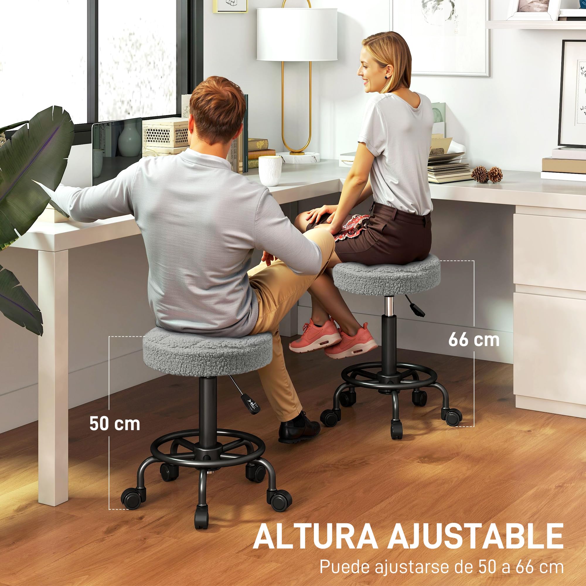HOMCOM Sgabello rotondo girevole con ruote Altezza regolabile 50-66 cm Seduta imbottita in tessuto di pile per saloni officine Spa Massaggi Grigio