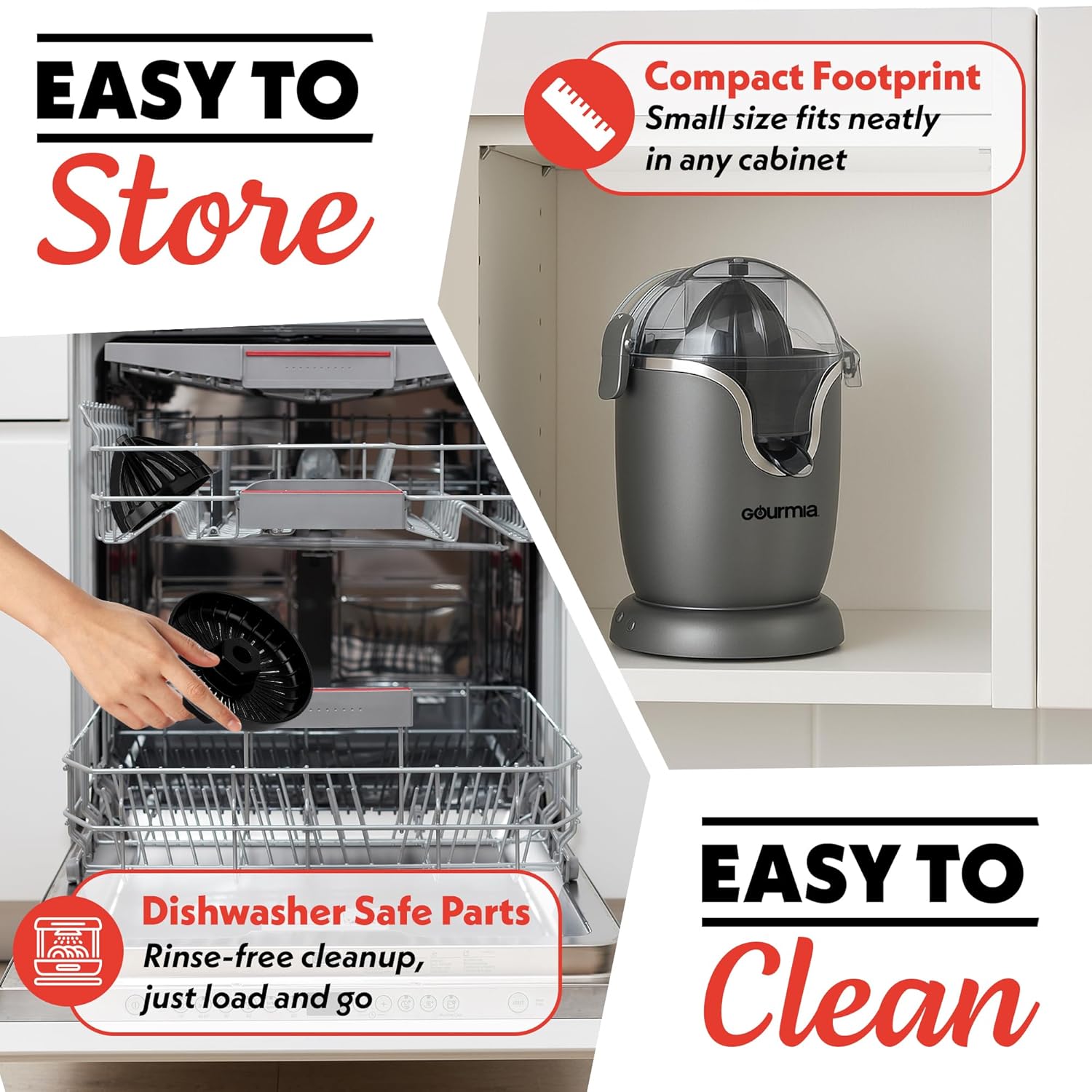 Gourmia Automatic Citrus Juicer - 17 oz Capacity, One-Touch Operation, Universal Cone, Anti-Drip Spout, Dishwasher-Safe Accessories, Compact Quiet 60W Motor