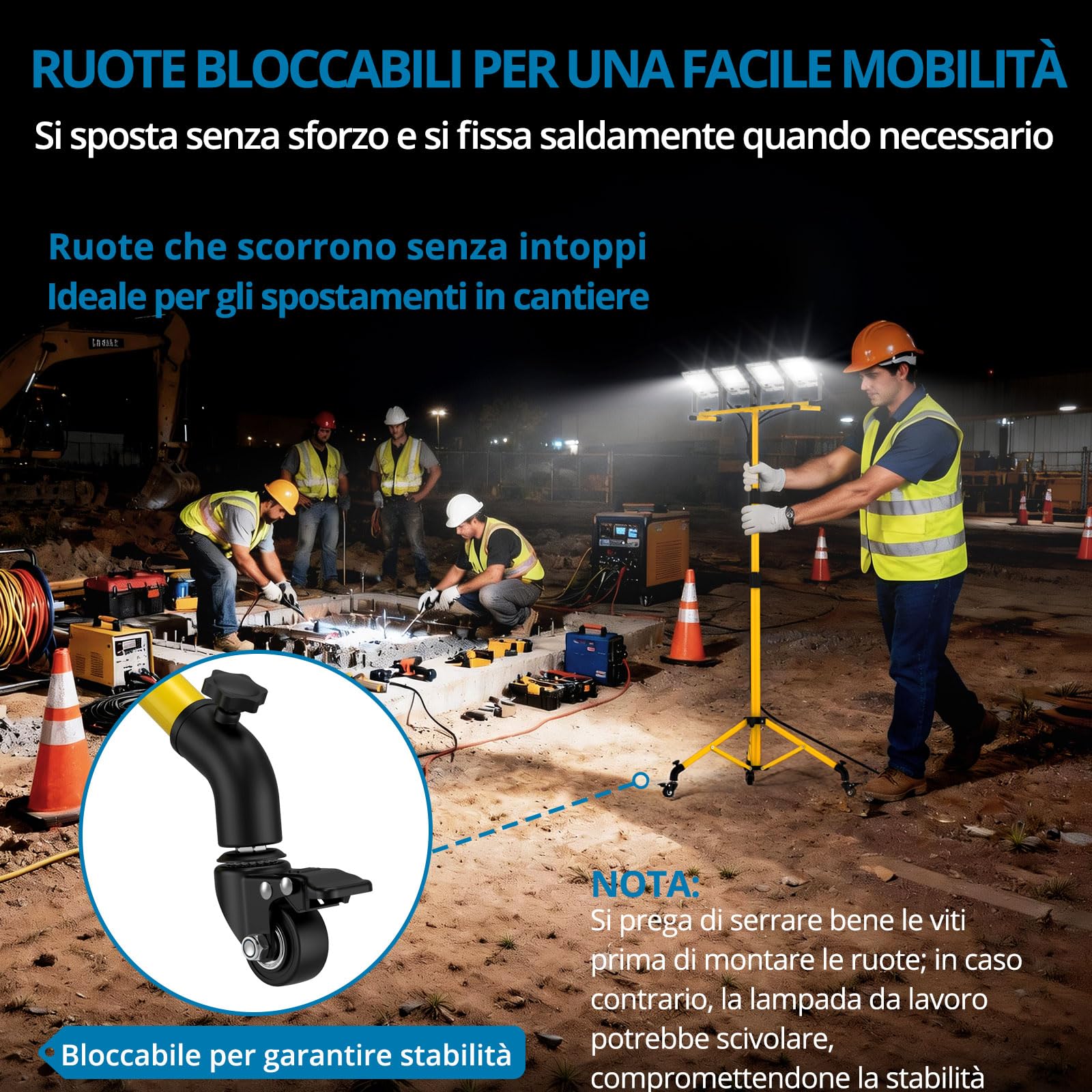 AUTOUTLET Faretto da Cantiere con Treppiede Allungabile e Ruote,4×70W 24123LM Faro Led da Esterno con Interruttore e Cavo di Alimentazione da 5 M,IP66 Impermeabile,per Garage Officina Campeggio