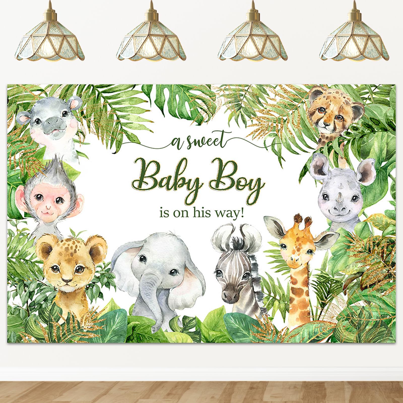 Mocsicka Safari Baby Shower Backdrop Jungle Animals Baby Shower Background Zoo Animals Boy Party Cake Table Decoration Photo Booth Props (8x6ft)