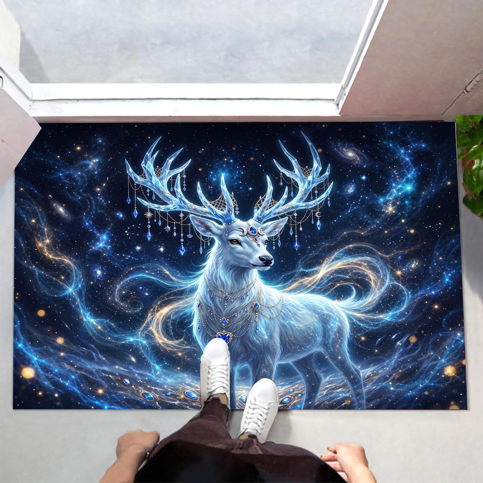 Felpudo Entrada Casa Antideslizante Reno Cristal Misterioso Para Interiores,Alfombras Entrada Fino Lavable,Animales Fantásticos Cielo Estrellado Alfombrilla Absorbente Para Pasillo,80X120Cm,Azul