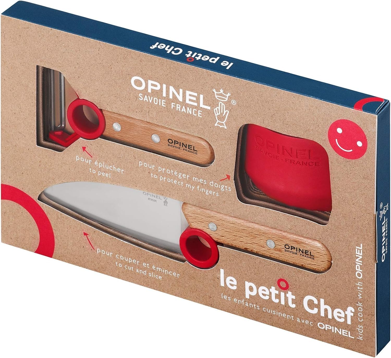 Opinel Le Petit Chef Lot de 3 couteaux de cuisine pour enfant avec manche en bois - Gravure personnelle - Éplucheur - Inoxydable - Protection des doigts - Cadeau (rouge)