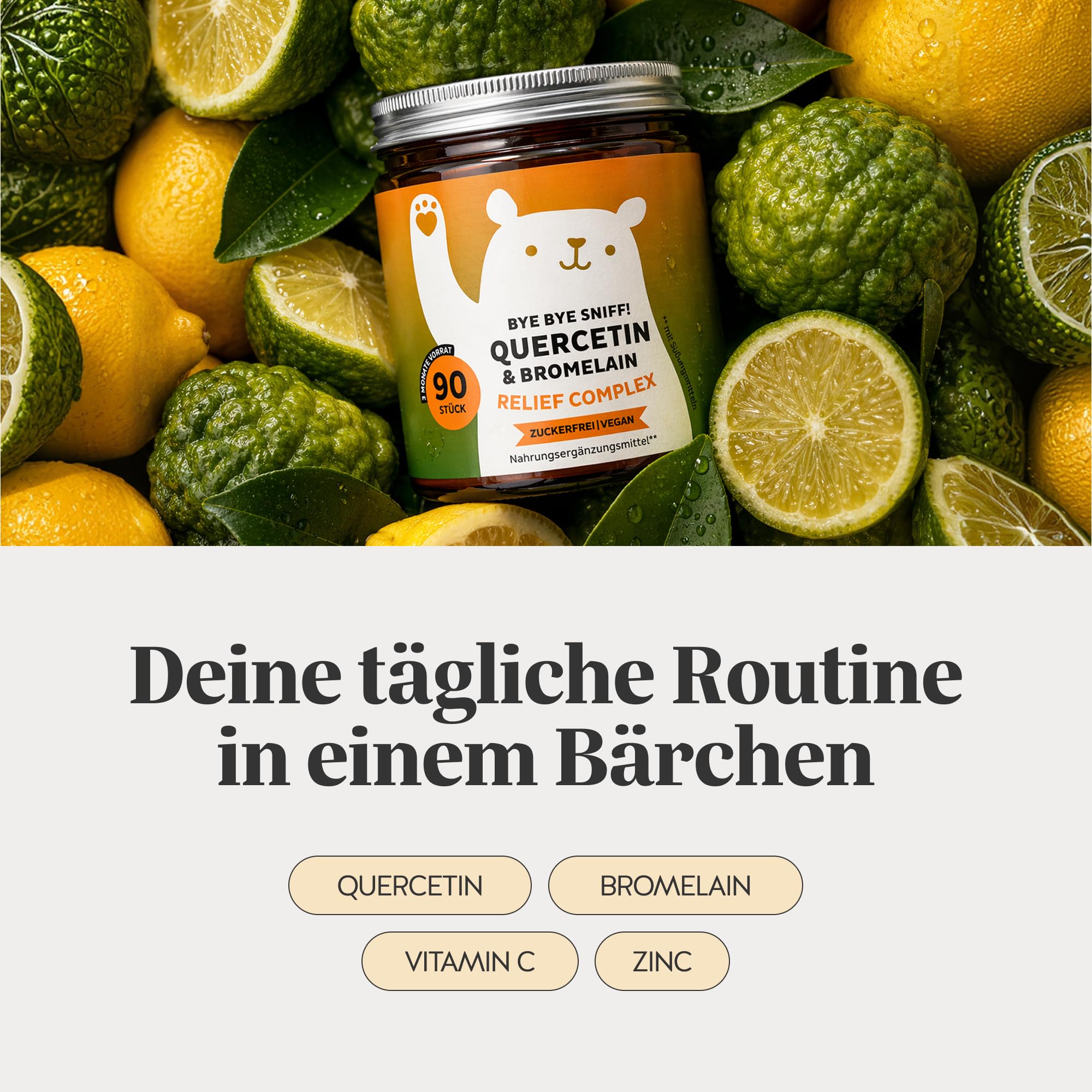 Bears with Benefits - Gummibärchen Quercetin - Immunsystem - 90 Stück | Bye Bye Sniff Relief – Quercetin und Bromelain, Vitamin C, Zink - Vorrat für 3 Monate - Zuckerfrei, Vegan