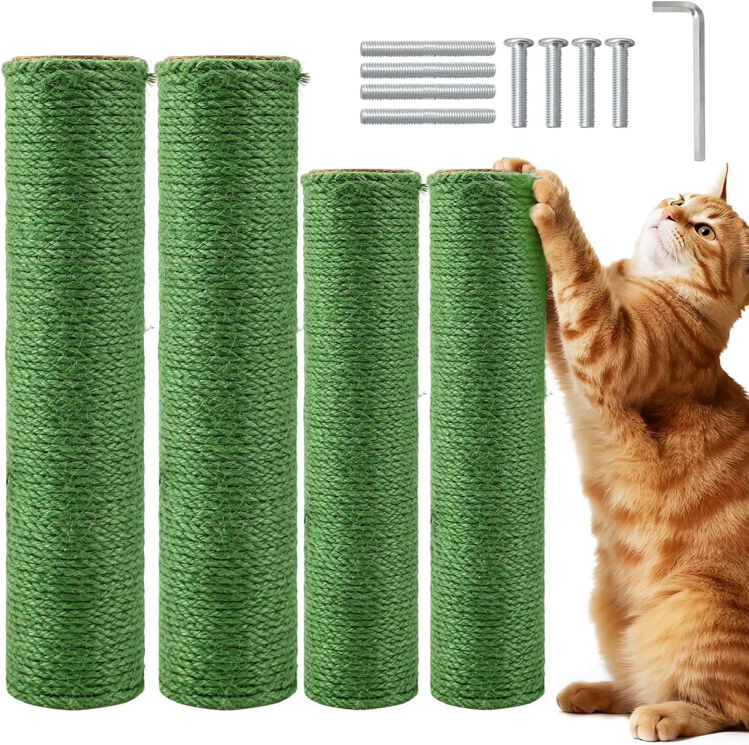 4 Pack Cat Scratching Post Replacement, 15.7 x 3.1 Inch Sisal Poles with M8 Screws, Refill Parts for Indoor Cat Towers and Furniture Repair-Green