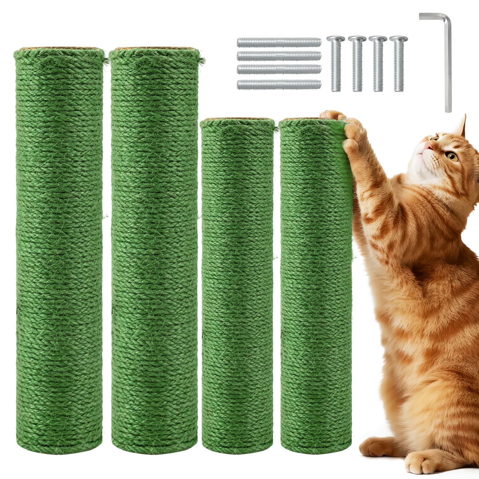 Paquete de 4 postes rascadores de repuesto para gatos, postes de sisal de 15.7 x 3.1 pulgadas con tornillos M8, piezas de repuesto para torres de gatos interiores y reparación de muebles, color verde