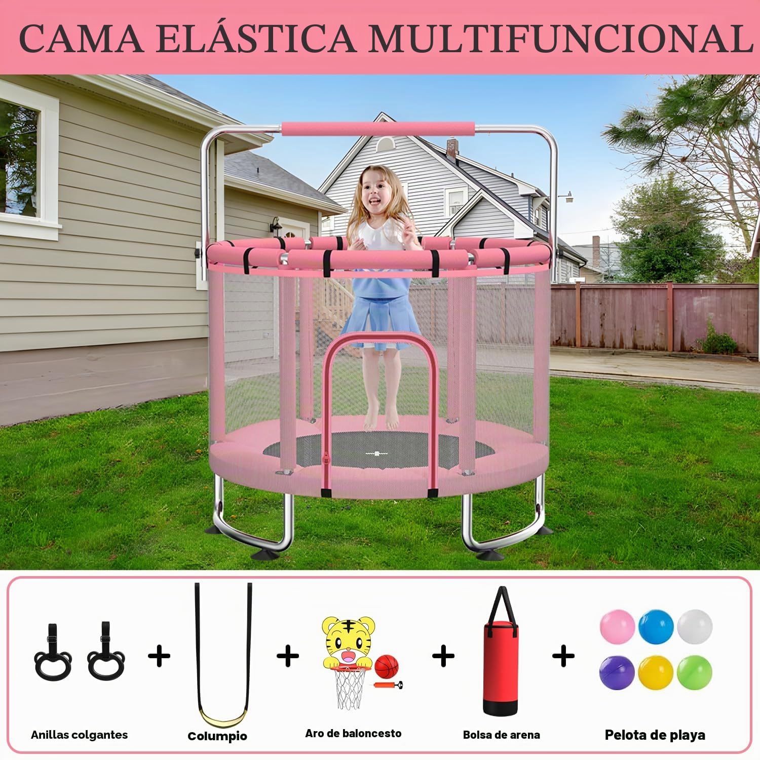 Trampolín Infantil de 140 cm para Interior y Exterior, Capacidad de Carga de 50 kg, con Red de Seguridad, Barra de Gimnasia Ajustable y aro de Baloncesto, Ideal para niños y niñas.