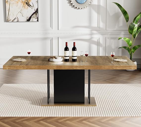 63-78.74 Extendable Dining Room Table for 4 6 8 10, Mid Century Modern Dining Table Kitchen Table with Sturdy Pedestal Base, Rectangular Expandable Dinner Table for Small Space, Dining Room,Black