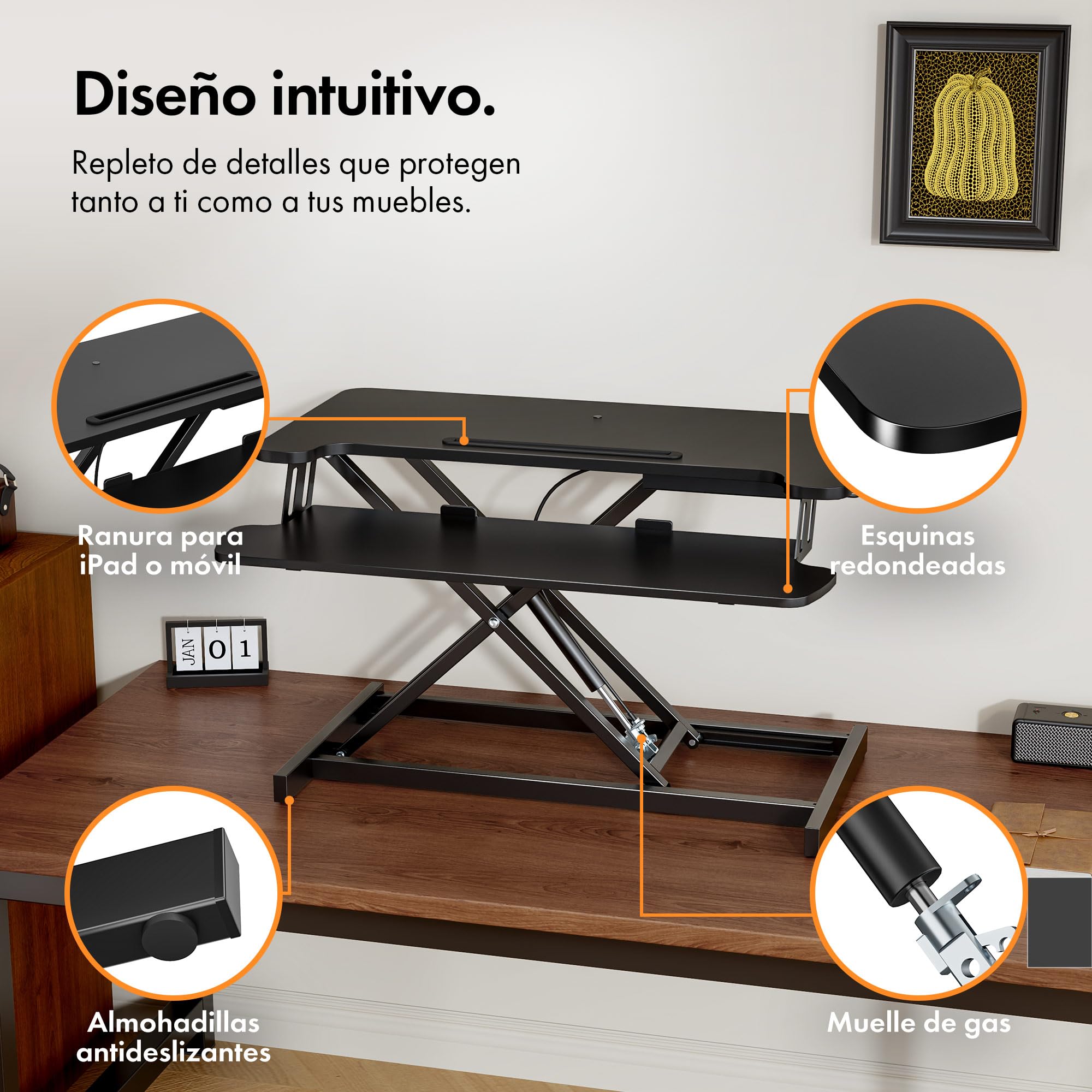 VonHaus Convertidor de Escritorio de Pie, Estación de Trabajo de Computadora Ajustable en Altura con Estante para Teclado, Elevador de Escritorio con Soporte para Tableta (Negro)