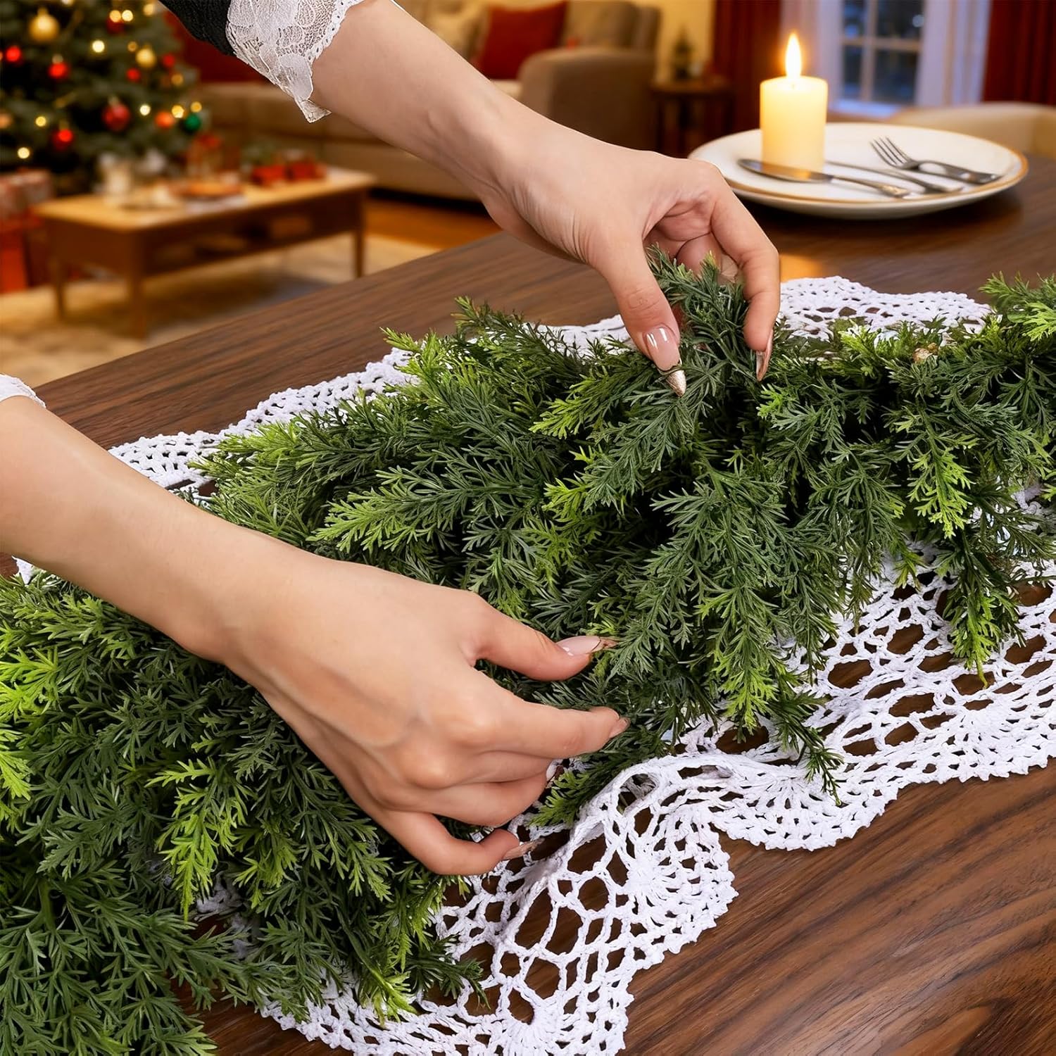 2Pcs 9FT Christmas Cedar Garland Artificial Real Touch Winter Cedar Pine Garland Thickness Lush Holiday Greenery Garlands for Mantle Fireplace Stairs Table Porch Outdoor Indoor Christmas Decorations