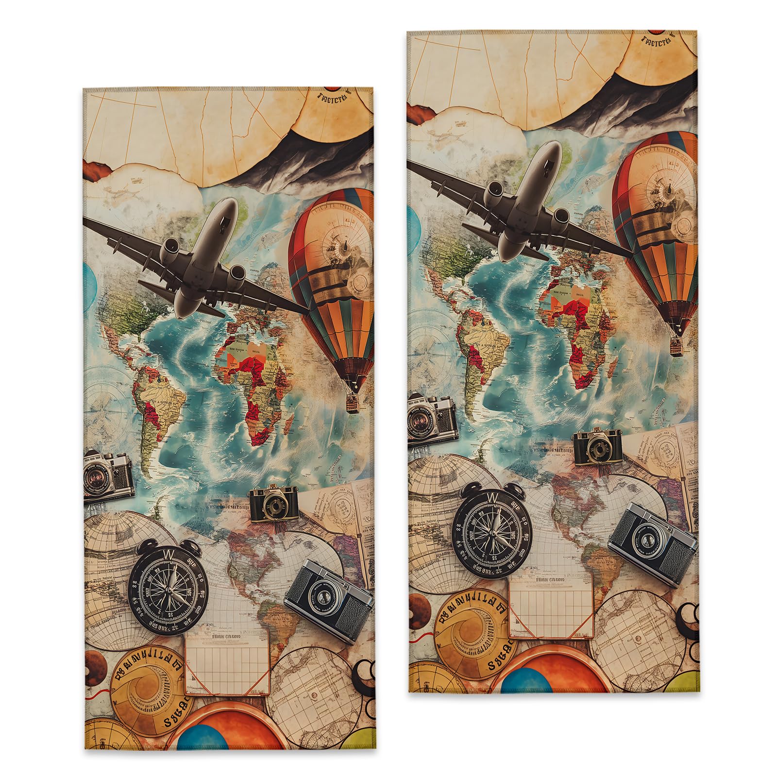 Turamurra Travel Adventure Map Hand Towels - 2 Pack, 14.5" X 28", Soft Microfiber Polyester Bath Towel Set with Vintage World Map, for Bathroom