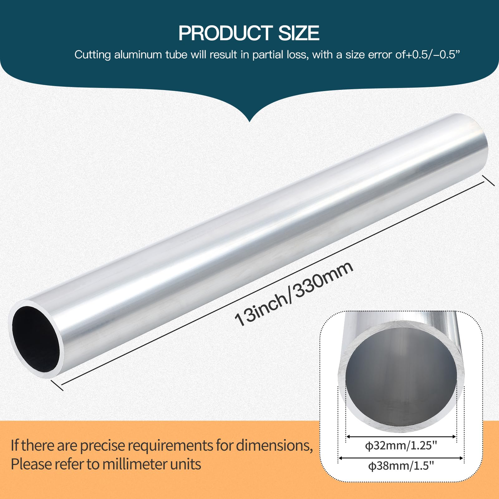 UAUAFIFI 6061 Aluminum Tubing, 38mm OD Seamless Aluminum Round Tube,3mm Wall x 330mm Length Metal Straight Pipe for Diy, Industry, Decoration (1Pcs, 38x32x330mm)