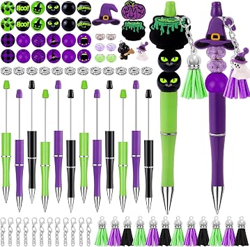 Vellibring 12 Set Halloween Beadable Pens Fall Black Cat Bead Pens Witch Bulk Ballpoint DIY Crafting Pens Making Kit with Pendants Lobster Clasps for Students School Office Supplies