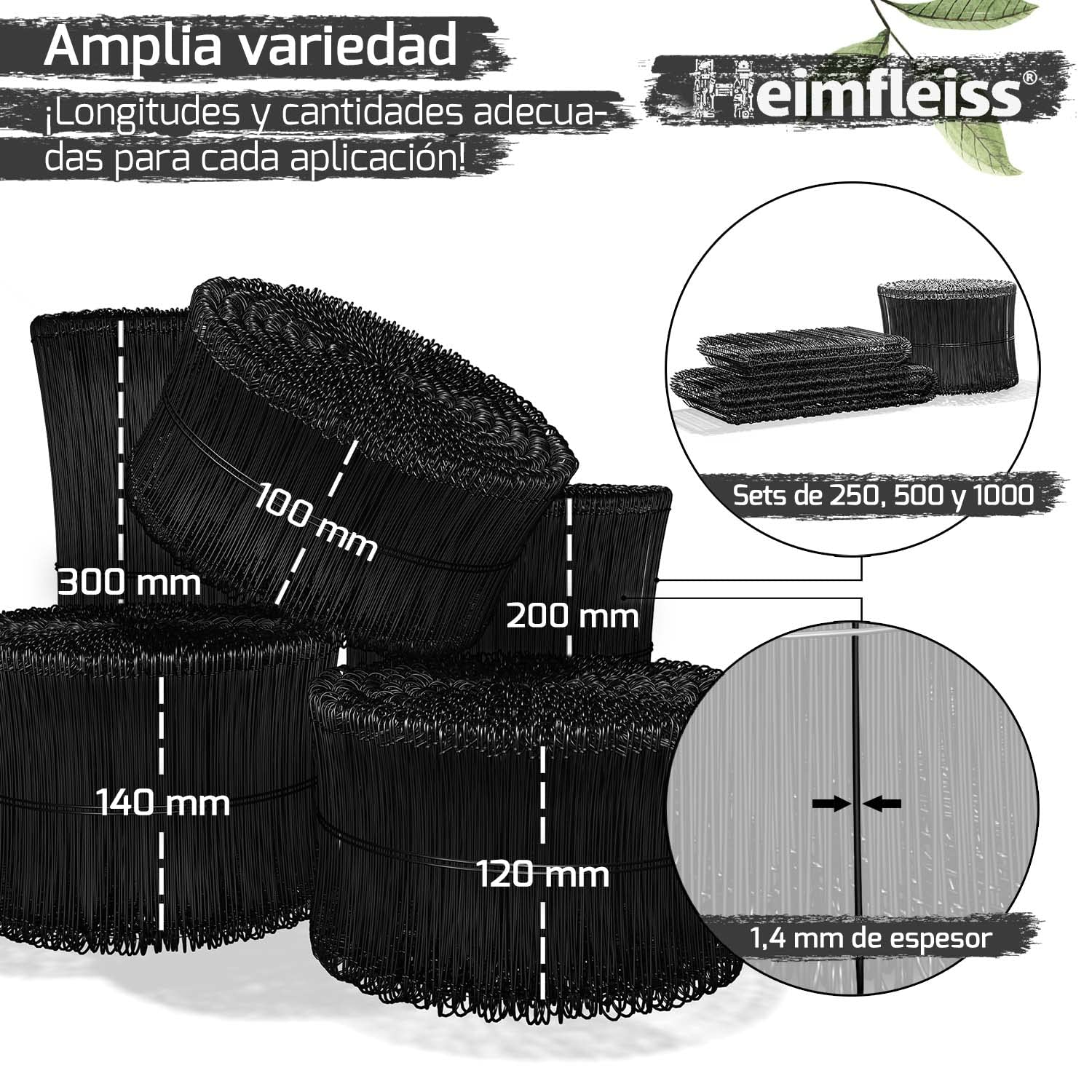 Heimfleiss® Alambre de atar hormigón 1,4 x 100-300 mm (1000 uds.) - Alambre revestido de PVC - Alambre de ojales para retorcerdora de alambre - Cierre de alambre para saco