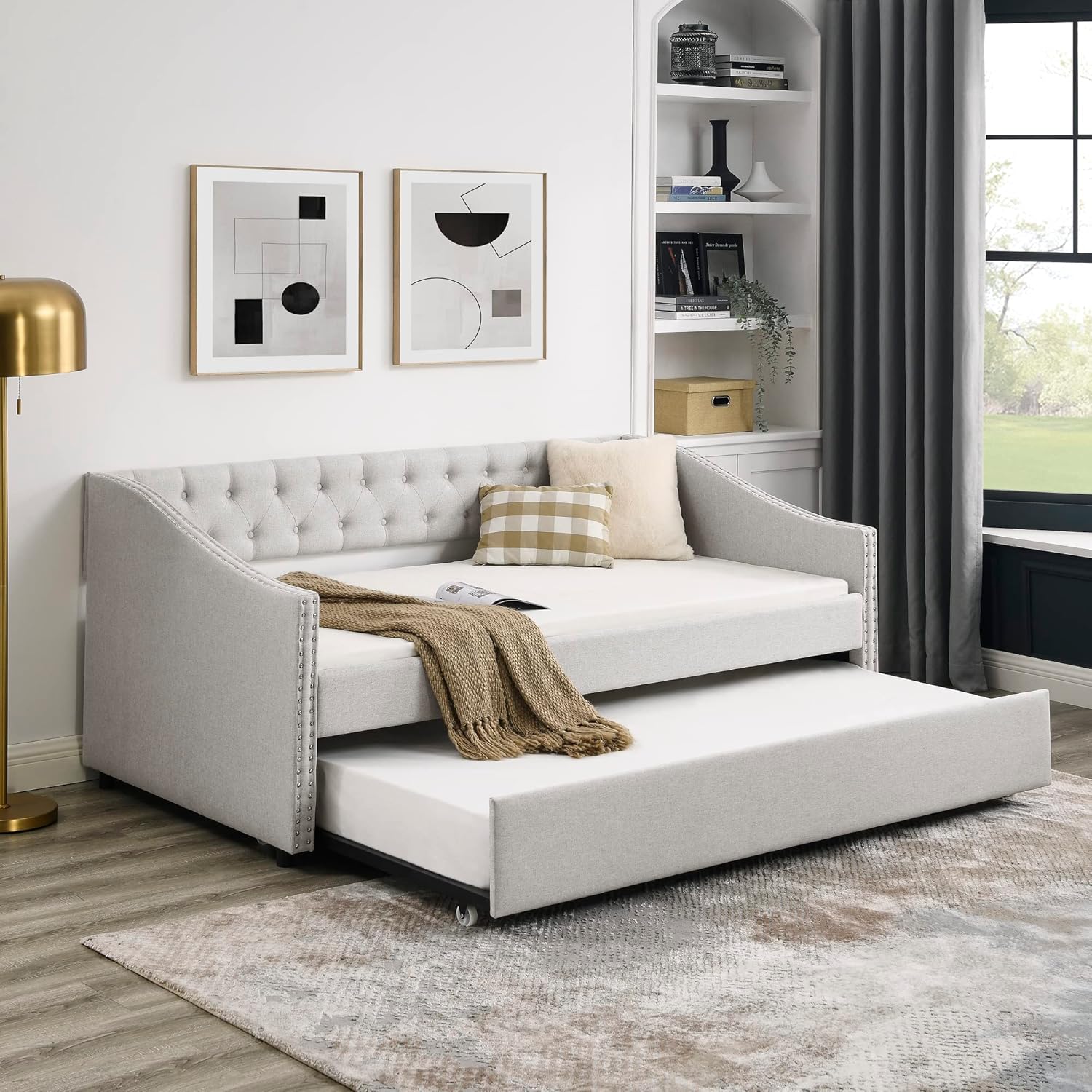 Twin Size Daybed with Twin Trundle, Upholstered Tufted Sofa Bed, Button Back & Copper Nail Trimmed Waved Arms, Beige, 80.5W x 41D x 30.5H in
