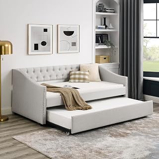 LZ LEISURE ZONE Twin Size Daybed with Twin Size Trundle, Upholstered Tufted Sofa Bed, with Button on Back and Copper Nail on Wavy Shape Arms, Beige