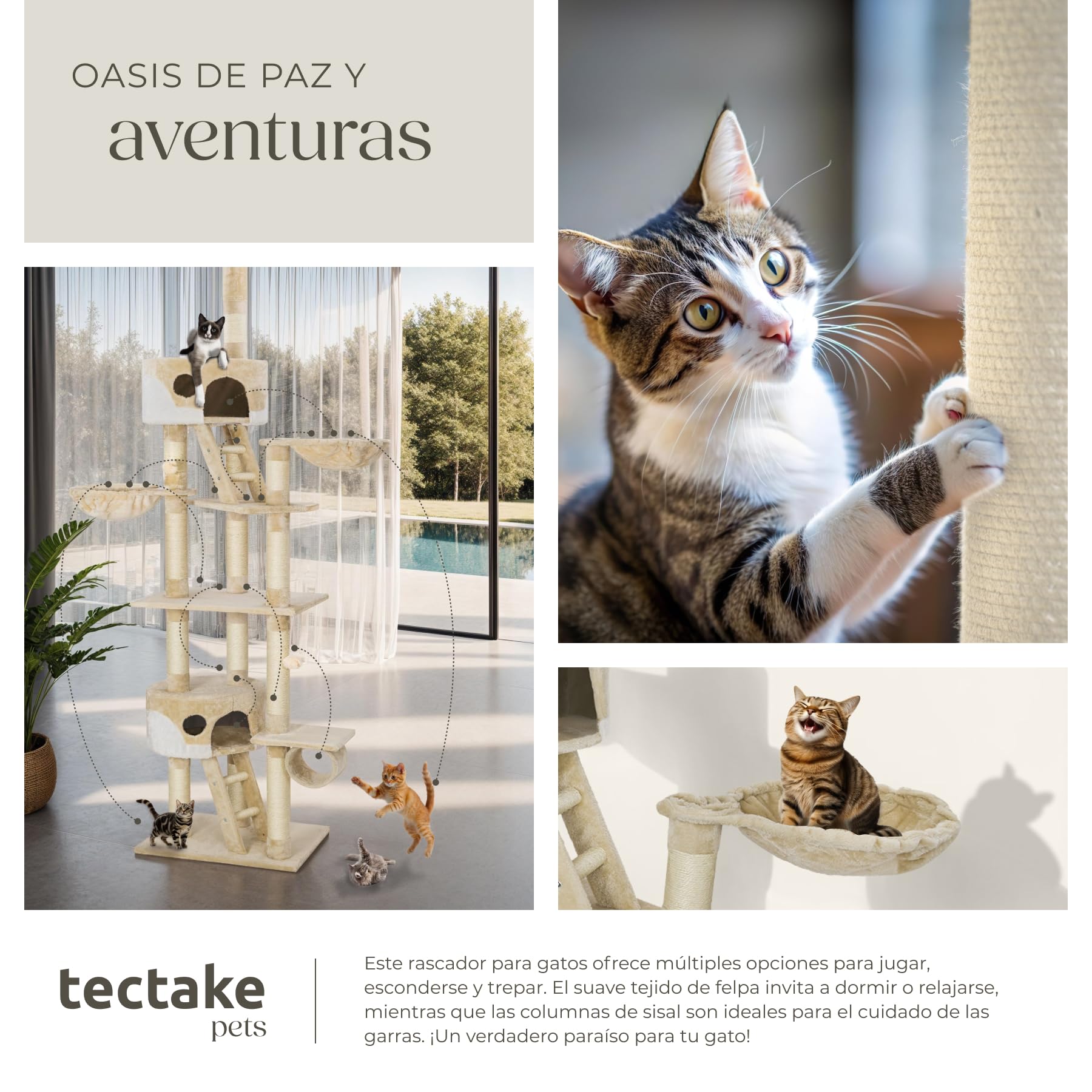 tectake® Árbol para Gatos Rascador, 2 Casetas, Varias Alturas, 3 Plataformas, Protección Antivuelco, Cama Gatos, Juguetes para Gatos, Rascadores para Gatos, Torre Gatos - Beige/Blanco