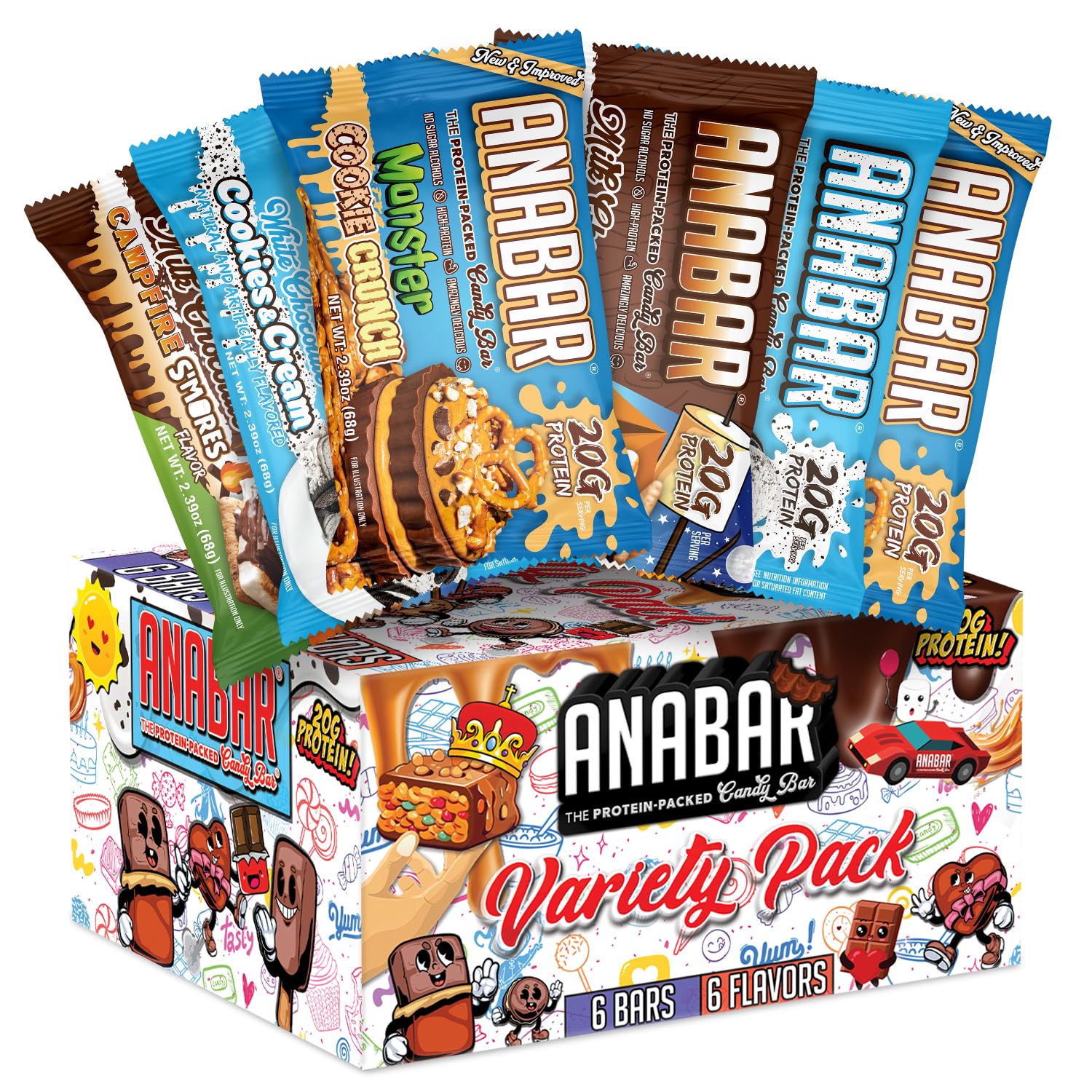 Anabar Protein Bar, The Sampler Pack, The Protein-Packed Candy Bar, World's Best Tasting Protein Bar, No Sugar Alcohols, High Protein, Amazingly Delicious, 20 Grams of Protein (6 Bars, Crunch & Crumble Pack)