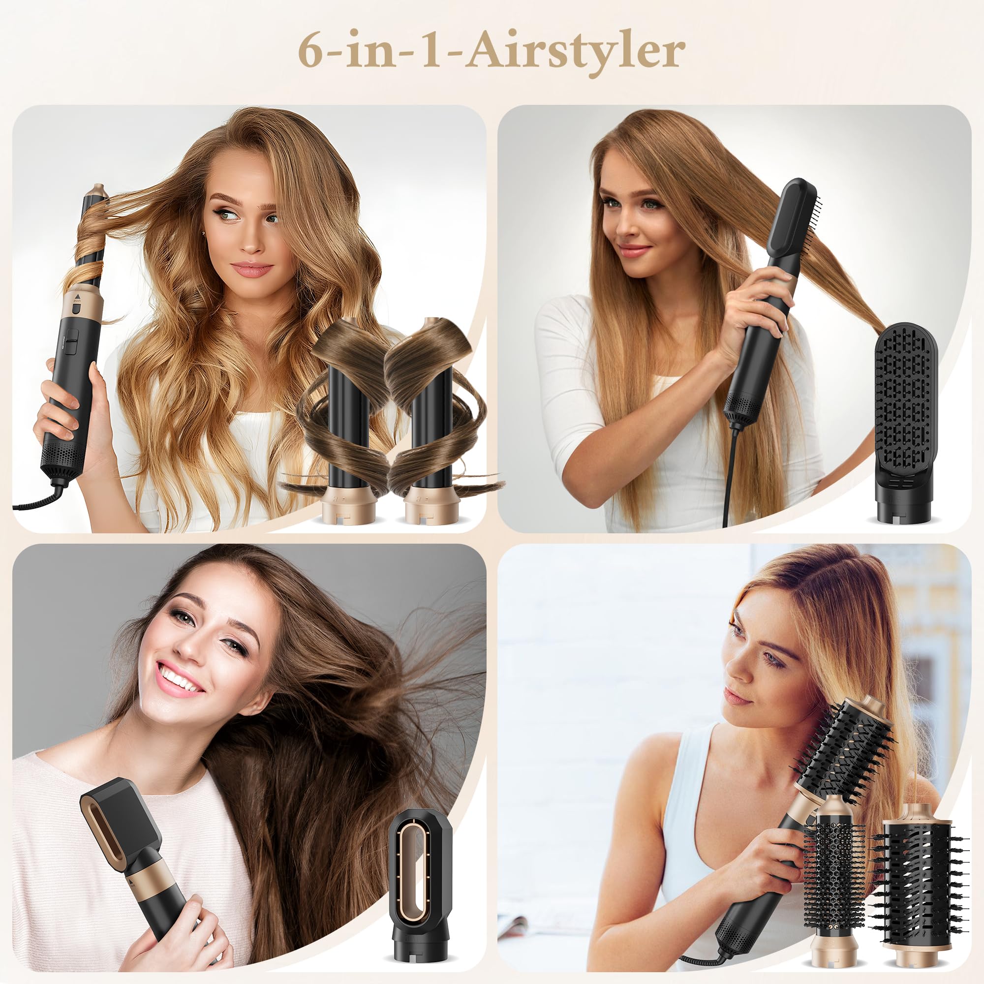 6 in 1 Airstyler Set mit 1000W | Multifunktionaler Hairstyler als Warmluftbürste, Lockenstab Automatisch, Glätteisen & Haartrockner | Für Trockenes Haar, Volumen, Locken & Glätten