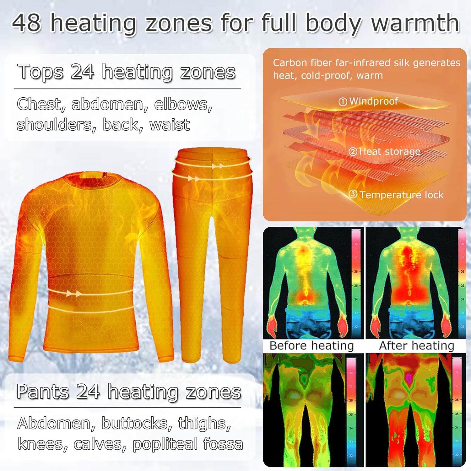 Electric Heated Underwear for Men Women, 24 Heating Zone APP Control Thermal Underwear Shirt Bottoms for Cold Weather