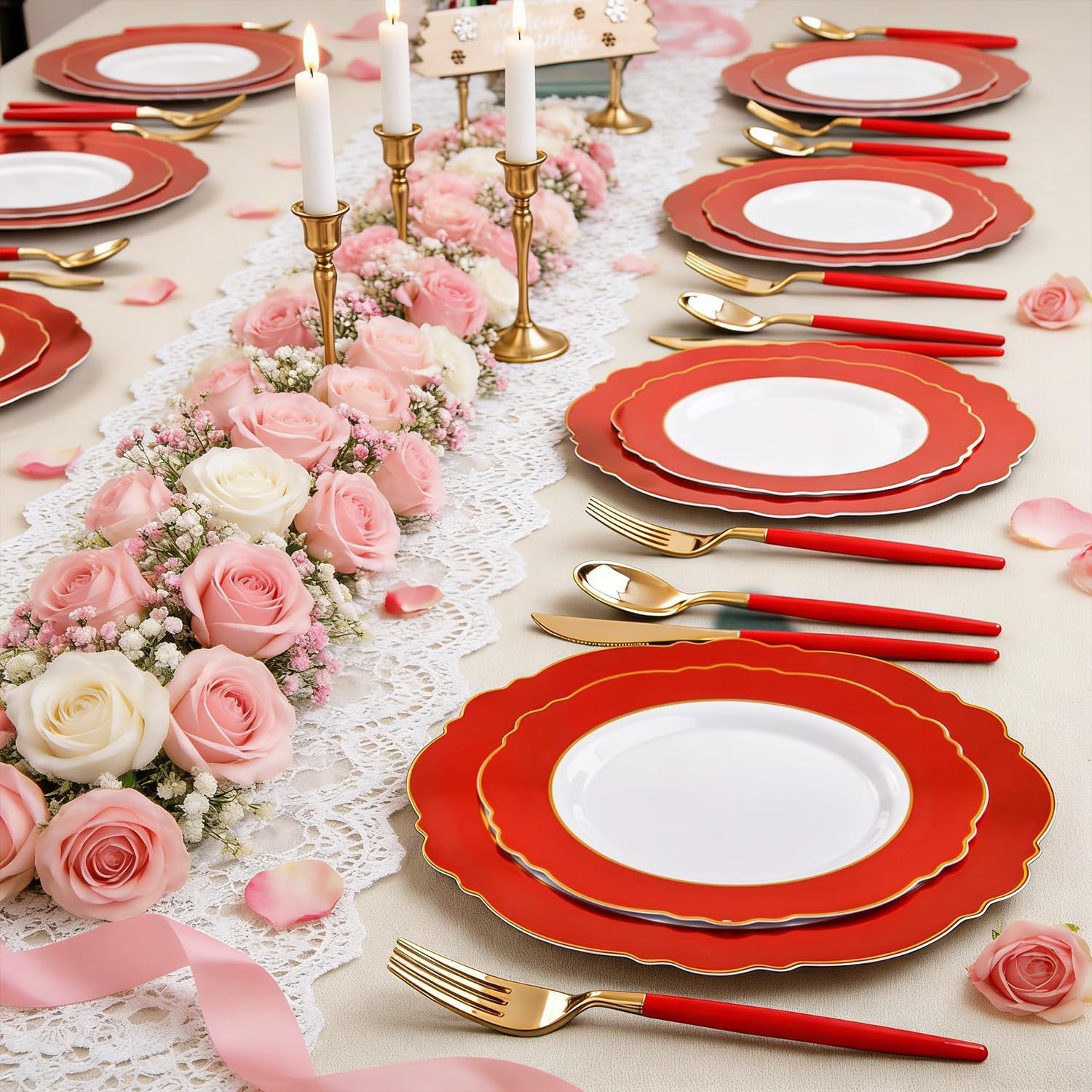 WDF 60pcs Red Valentines Plates Disposable - 7.5inch Heavy Duty Red Dessert/Salad/Cake Plates for Valentine's Day (Pack of 2)