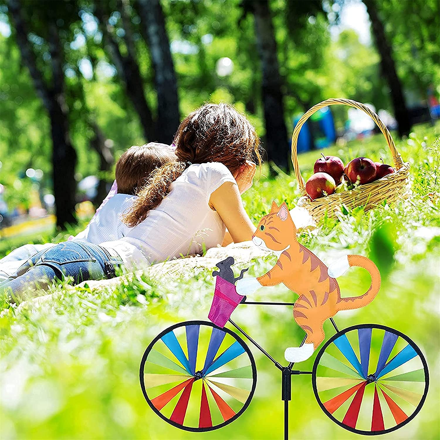 Moulin à vent en forme de vélo avec motif de dessin animé - Pour décoration extérieure - Chat jaune