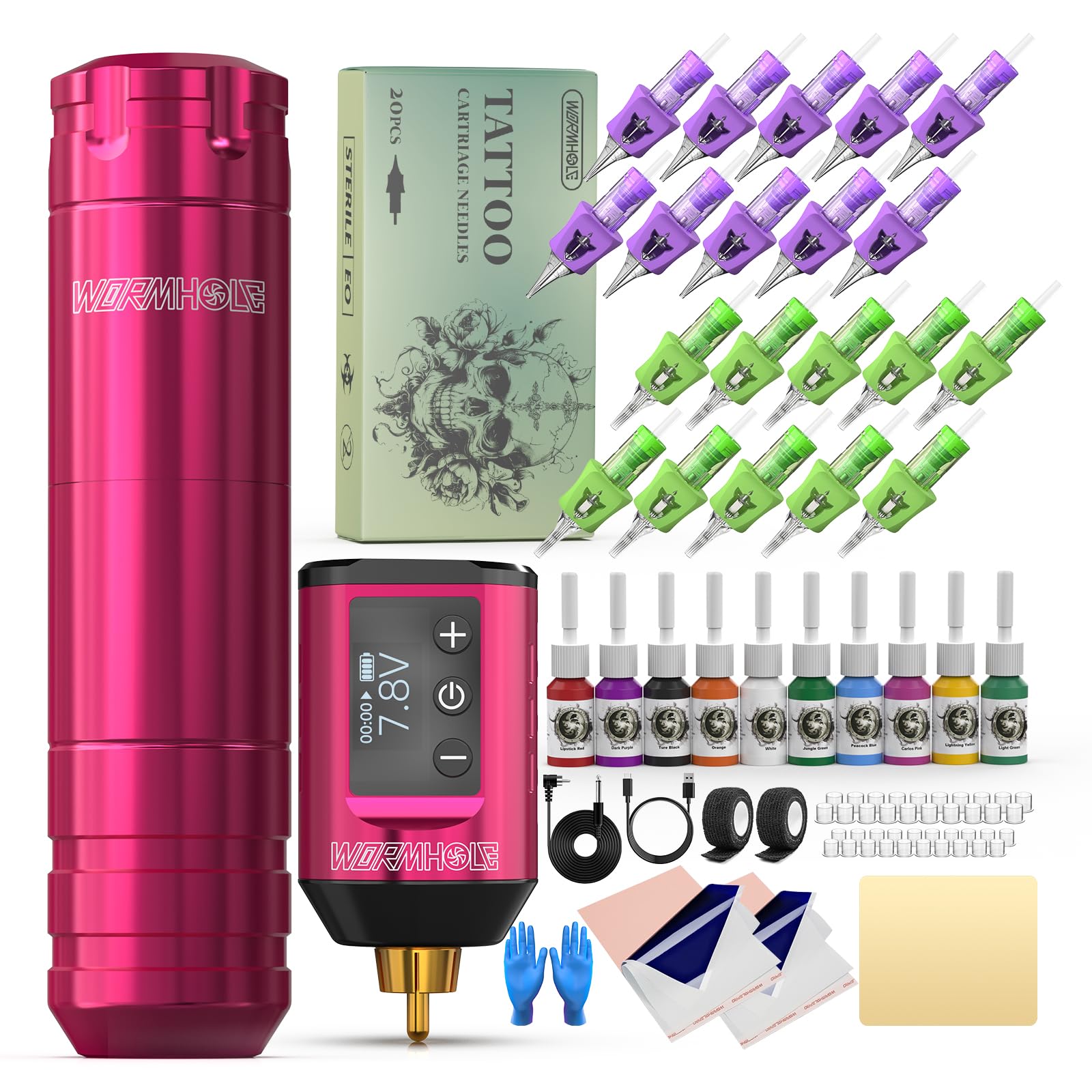 Wormhole Tattoo 79PCS Wireless Tattoo Gun Kit - Battery Pack 1,500mAh Capacity, 20PCS Tattoo Needles, LED Digital Display - Professional Equipment for Beginners and Artist - Pink
