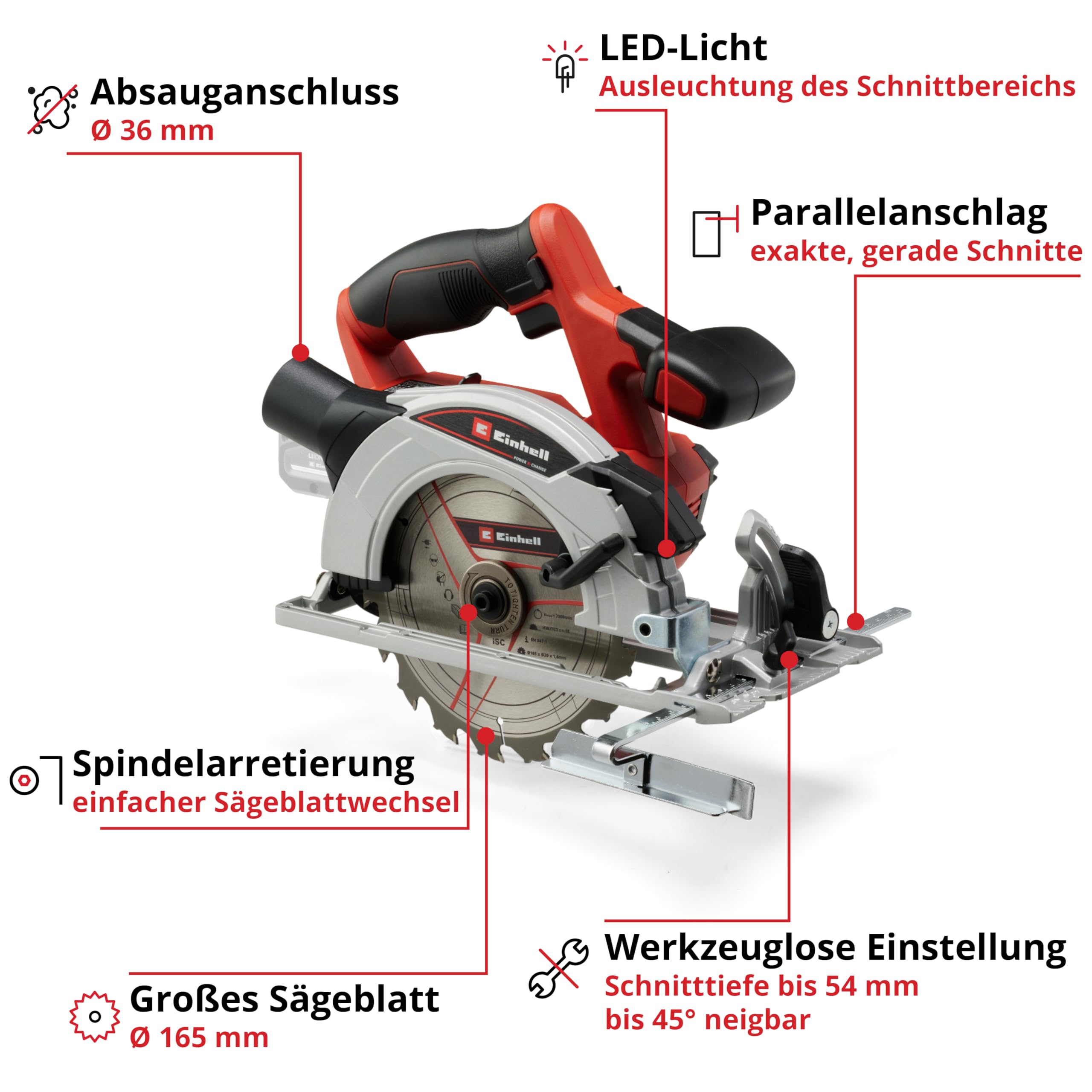 Einhell Akku-Handkreissäge TE-CS 18/165-1 Li-Solo Power X-Change (18 V, Li-Ion, Ø165 x Ø20 mm Sägeblatt, werkzeuglose Einstellung bei Schnitttiefe + Neigungswinkel, ohne Akku und Ladegerät)