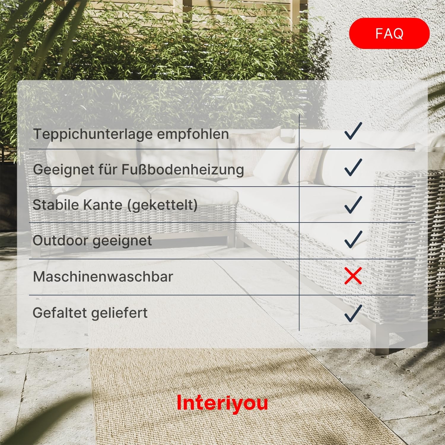 Interiyou Outdoor Teppich Wetterfest Asti - Läufer 80x300 cm Taupe - Jute Optik - Wasserfest für Balkon, Terrasse, Garten - Outdoorteppich passend auch für Wohnzimmer, Schlafzimmer und Küche