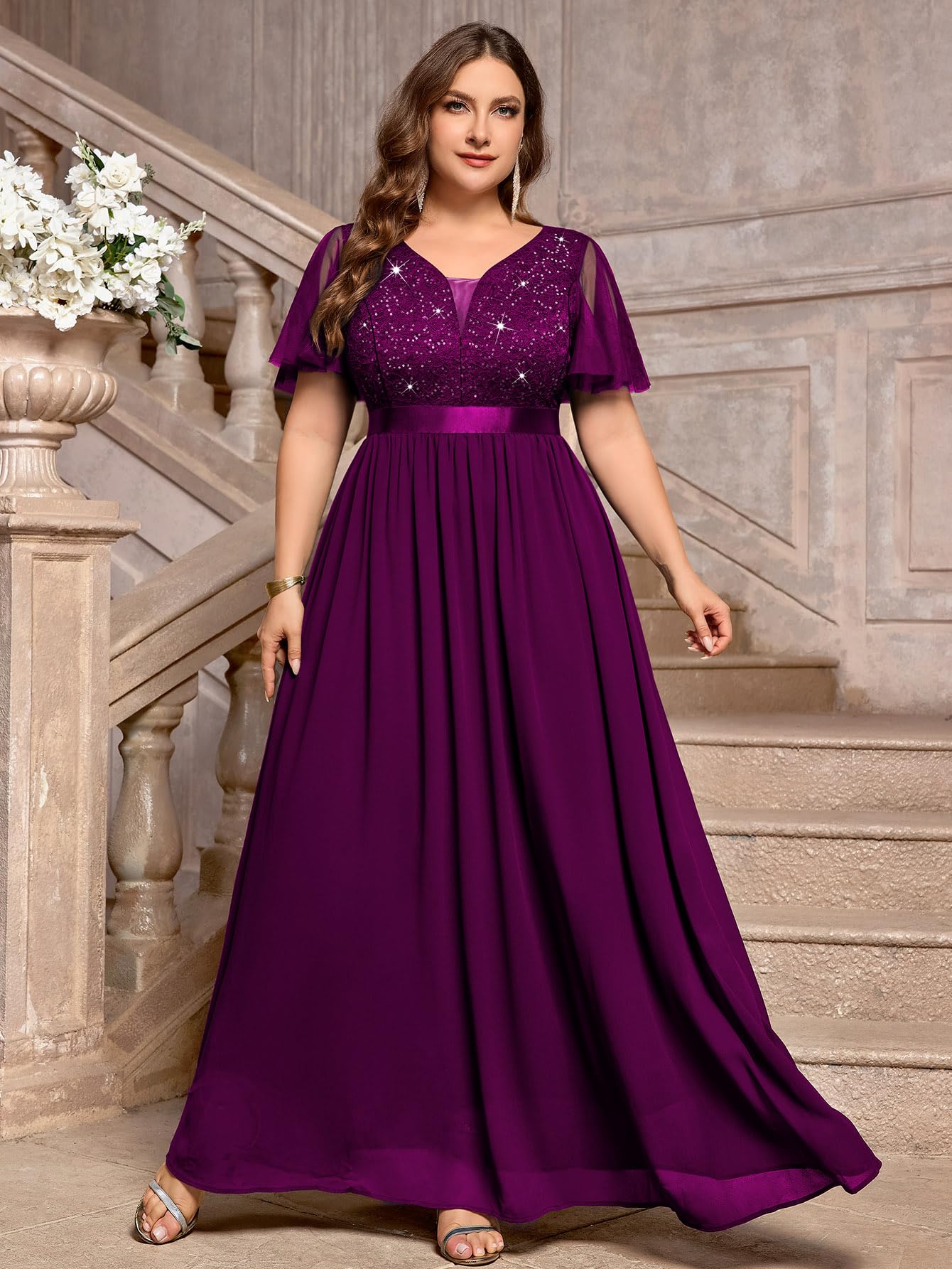 MISSMAY Abito da donna, taglie forti, vintage, con maniche svolazzanti, scollo a V, pizzo e paillettes, abito da cerimonia nuziale, cerim