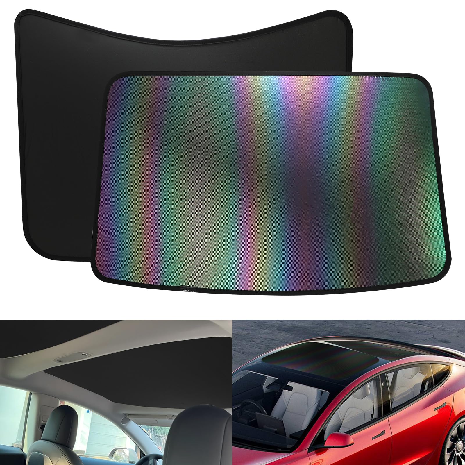 Photo 1 of [2024 Upgrade] Sunshade Roof for Tesla Model 3 2024, Colorful Ice Crystal Glass Roof Sunshade, No-Sag Design, Retractable, Heat Insulation, Snap Foldable (Black)