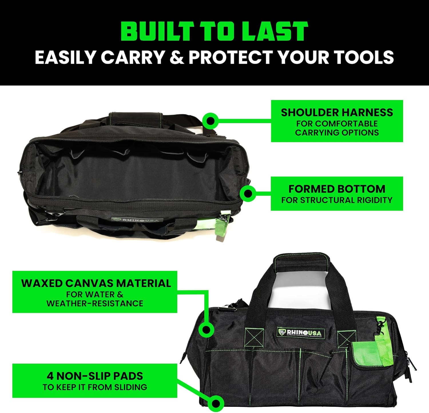 Rhino USA Tool Bag (18-Inch) Heavy Duty Wide Mouth Tool Tote with Zipper for Men - Large Tools Bags with Extra Side Storage Pockets, Reinforced Shoulder Strap & Upgraded Metal Clips (Black)