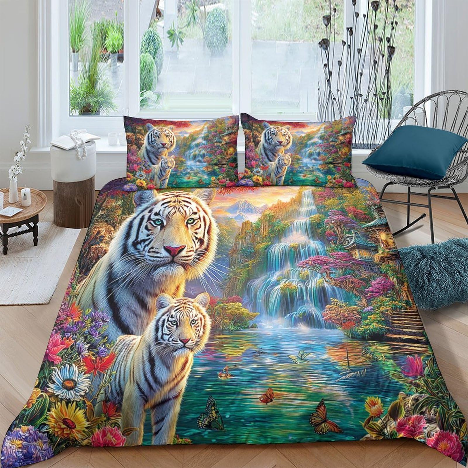 Housse de couette tigre respirante à fermeture éclair invisible 2 taies