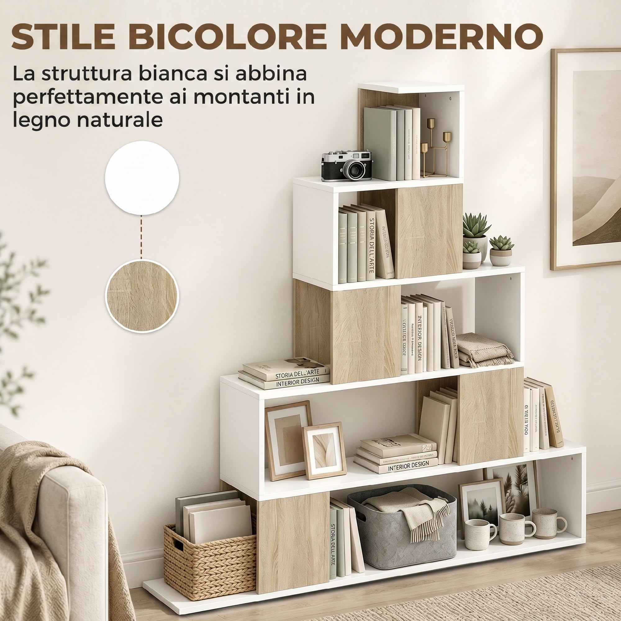 HOMCOM Libreria Cubo, Scaffale a 5 Ripiani con Design a Gradini, Libreria Geometrica per Soggiorno, Studio, Camera da Letto, Bianco e Naturale