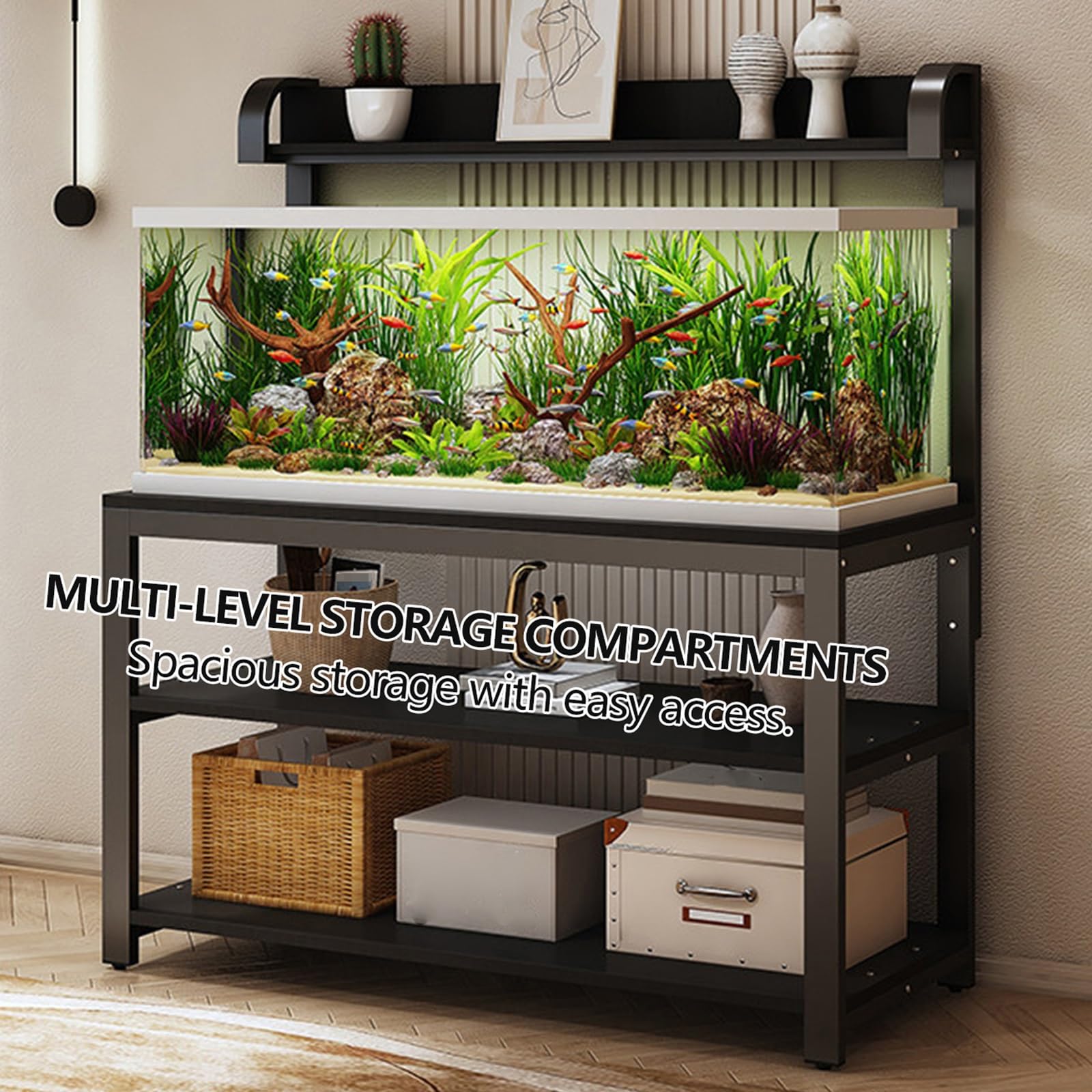 Szafka dolna do akwarium z półką, regulacja wysokości, szafka akwariowa z metalową ramą, otwarty design, do domu, salonu, biura, hotelu (biała + naturalna, 120 x 50 x 144 cm)