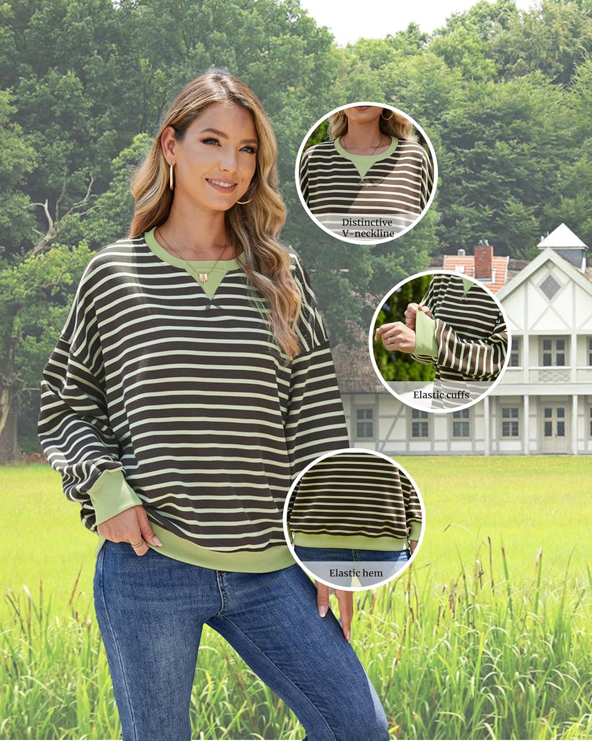 Women's Striped Oversized Sweatshirt, Long Sleeve Crewneck Pullover Top, Casual Fall Clothes - Image 5